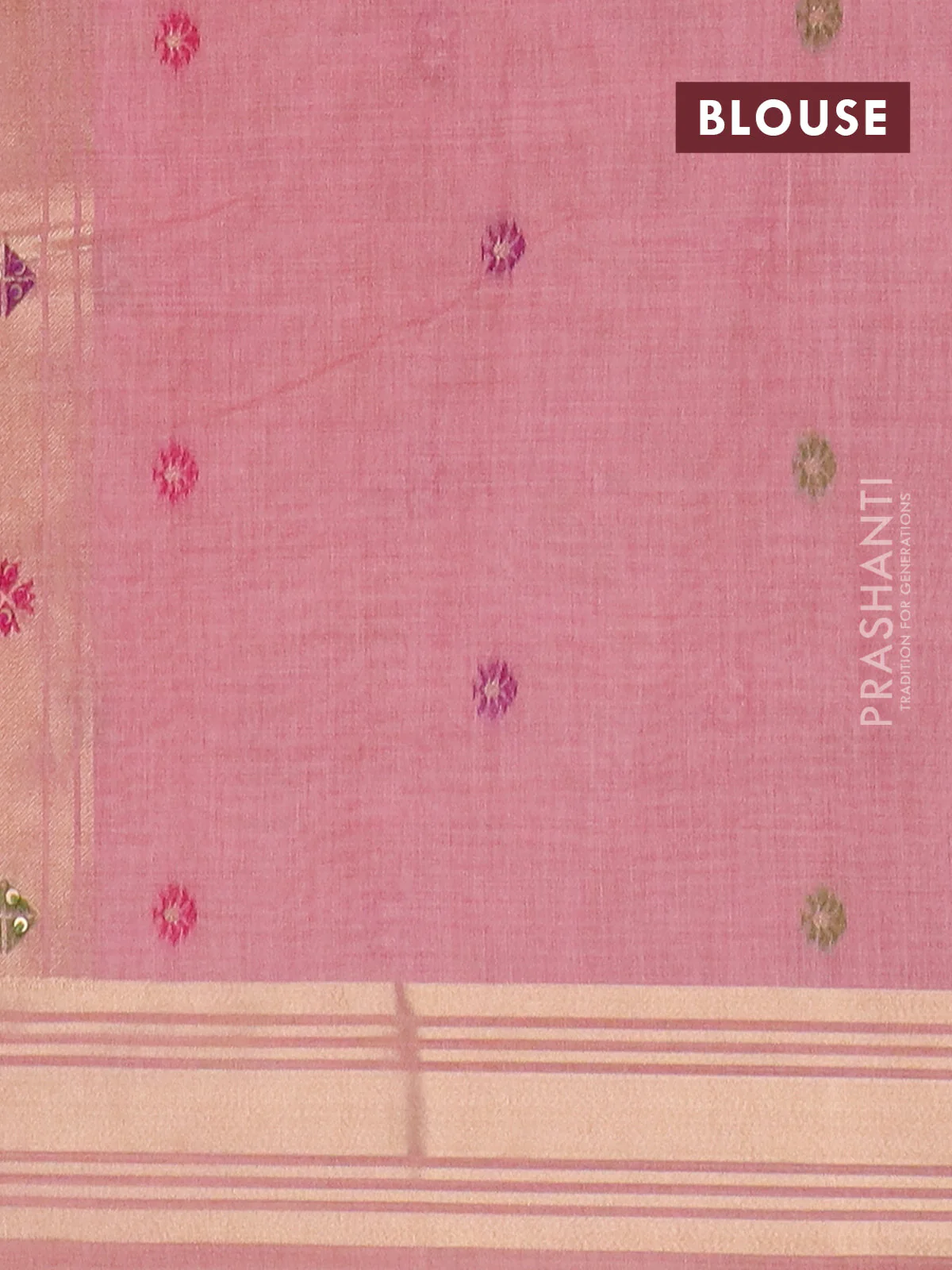 Jamdhani cotton saree peach pink with thread woven buttas & embroidery work and embroidery jamdhani pallu - Image 4