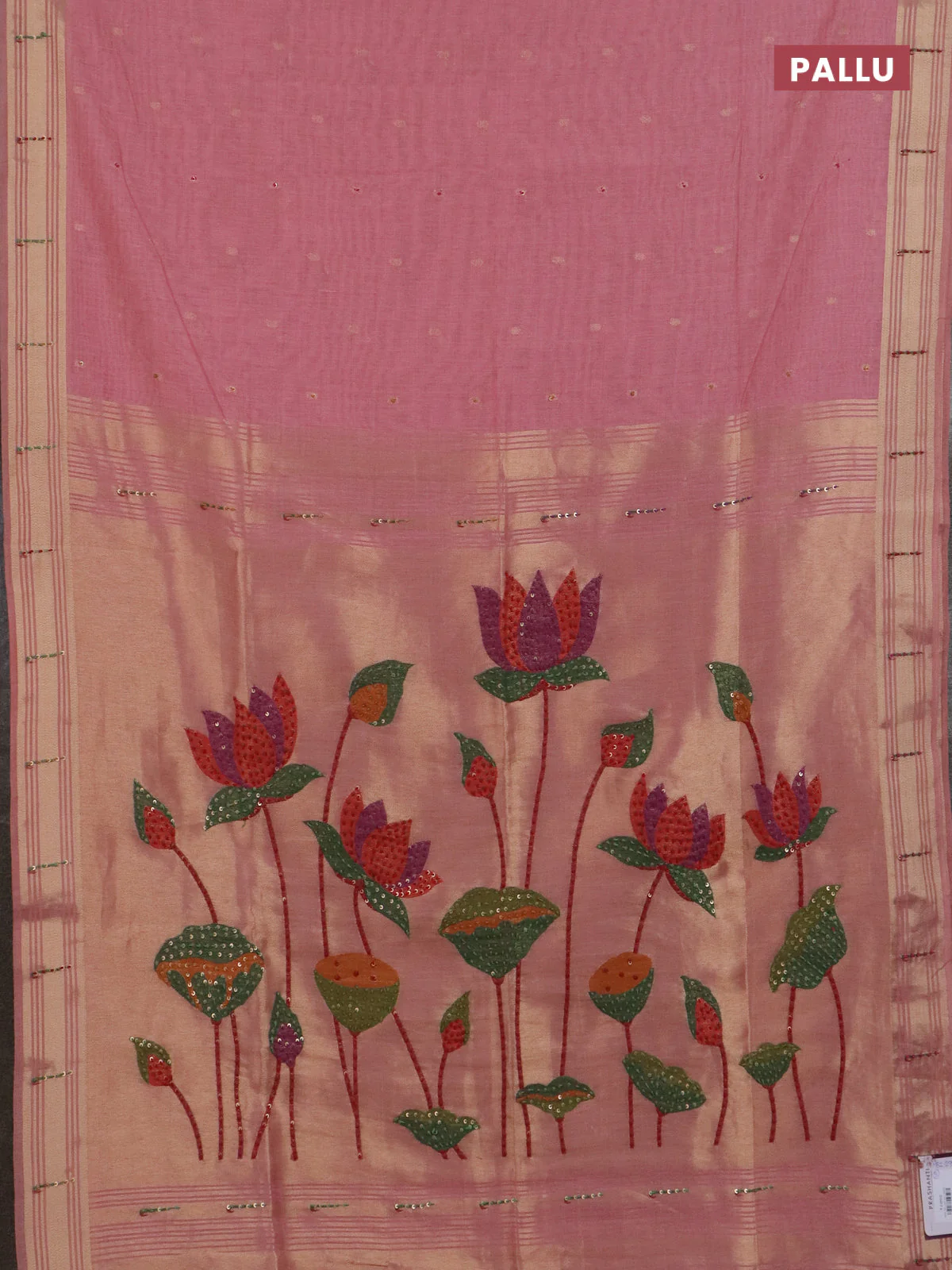 Jamdhani cotton saree peach pink with thread woven buttas & embroidery work and embroidery jamdhani pallu - Image 3