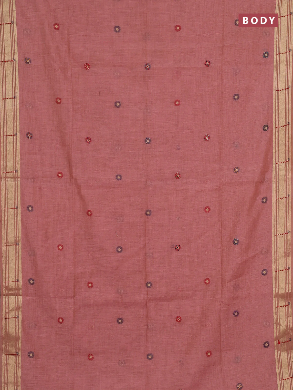 Jamdhani cotton saree peach shade with thread woven buttas & embroidery work and embroidery jamdhani pallu - Image 2