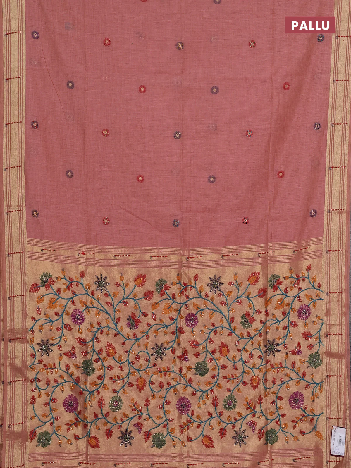 Jamdhani cotton saree peach shade with thread woven buttas & embroidery work and embroidery jamdhani pallu - Image 3