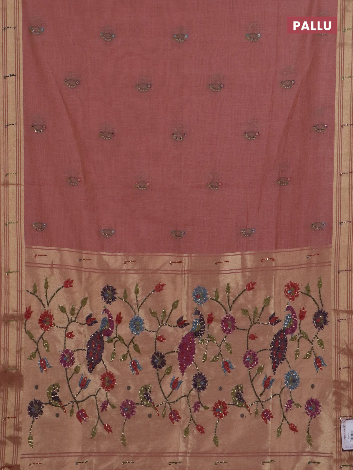 Jamdhani cotton saree peach shade with thread woven buttas & embroidery work and embroidery jamdhani pallu - Image 3