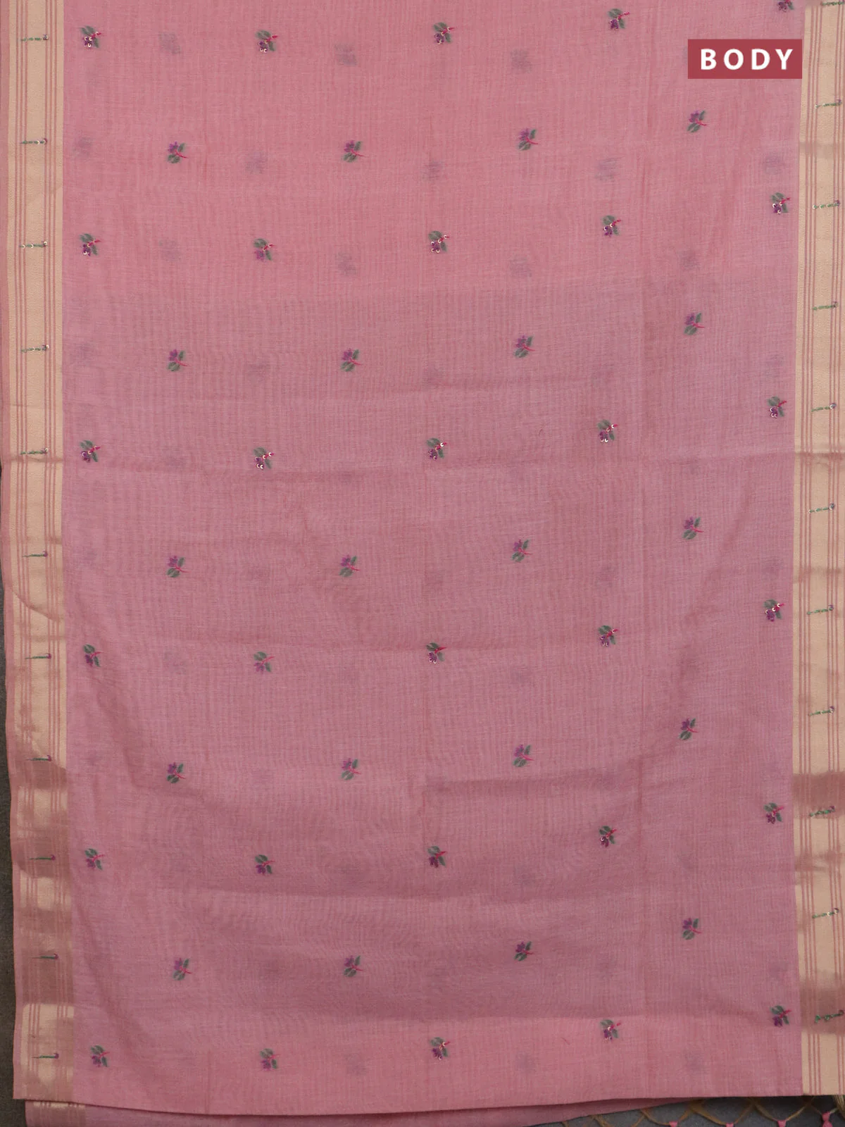 Jamdhani cotton saree pech pink with thread woven buttas & embroidery work and embroidery jamdhani pallu - Image 2