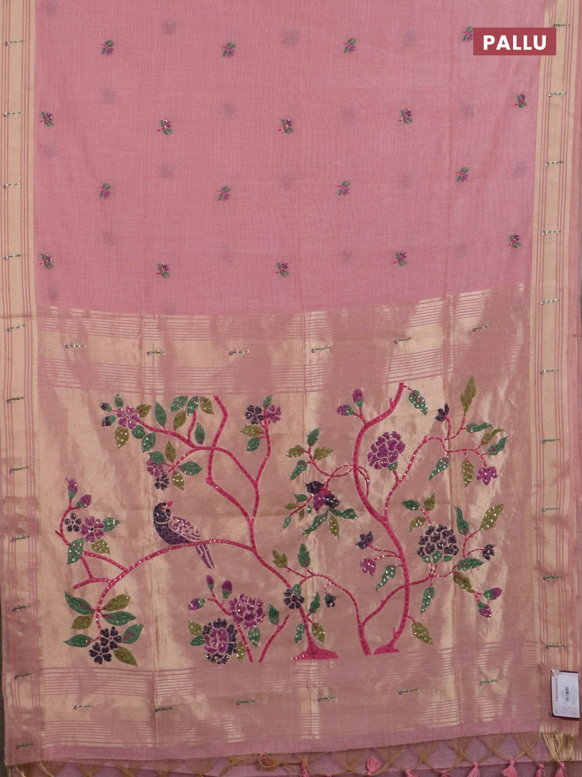 Jamdhani cotton saree pech pink with thread woven buttas & embroidery work and embroidery jamdhani pallu - Image 3