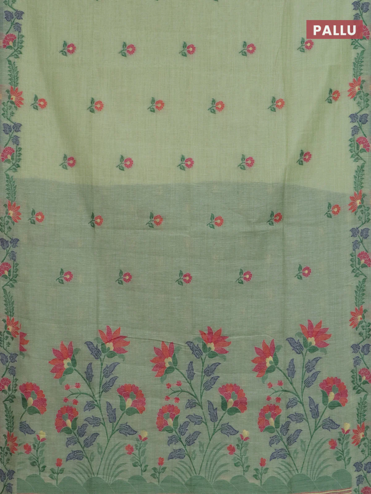 Jamdhani cotton saree pista green and green with allover thread woven buttas and jamdhani pallu - Image 3