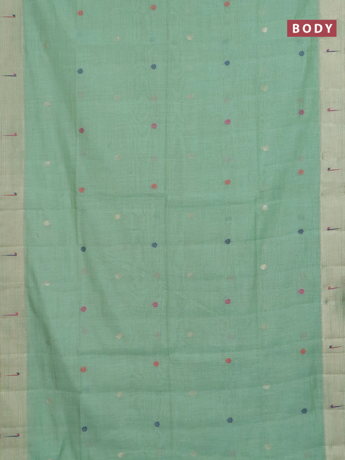 Jamdhani cotton saree pista green and red with thread & zari woven buttas and jamdhani pallu - Image 2