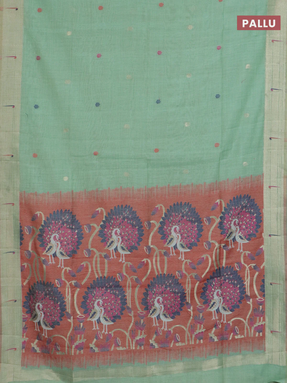 Jamdhani cotton saree pista green and red with thread & zari woven buttas and jamdhani pallu - Image 3