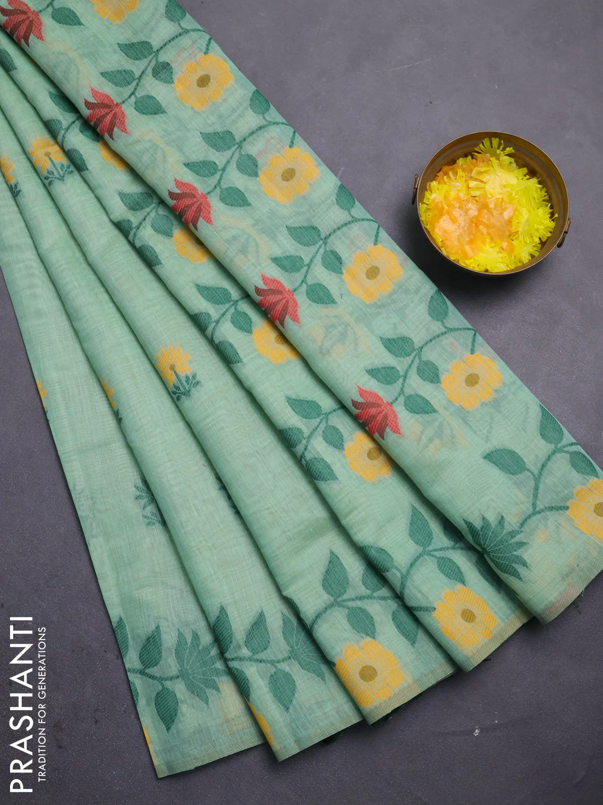 Jamdhani cotton saree pista green with thread woven buttas and jamdhani pallu