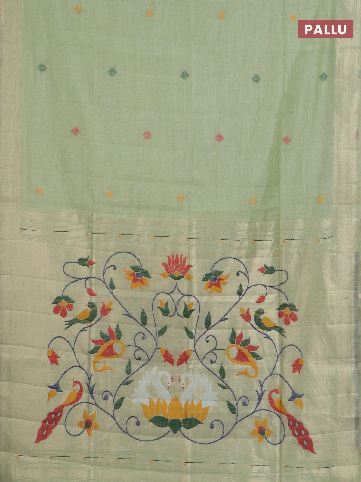 Jamdhani cotton saree pista green with thread woven buttas and jamdhani pallu - Image 3