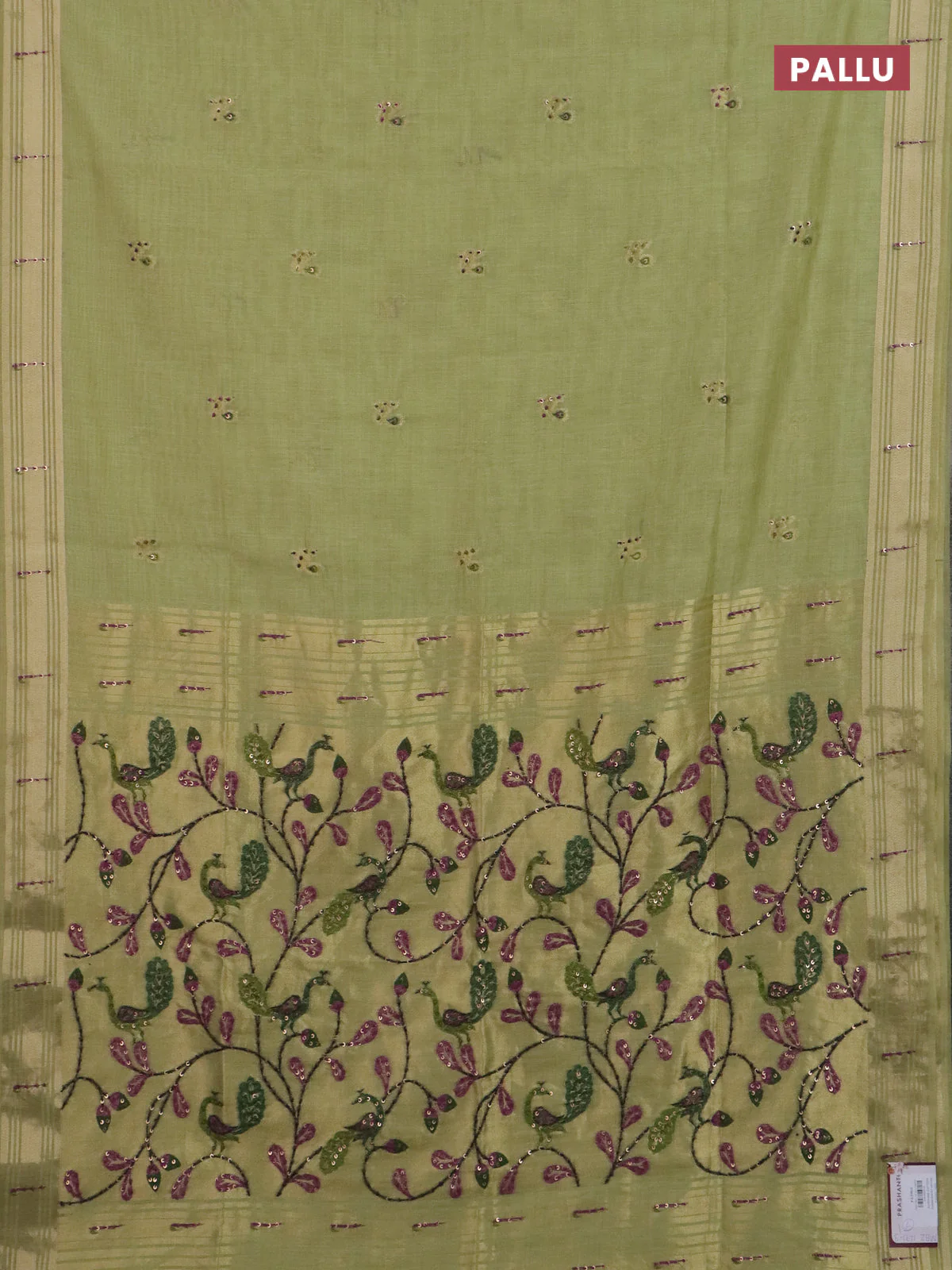 Jamdhani cotton saree pista green with thread woven buttas & embroidery work and embroidery jamdhani pallu - Image 3