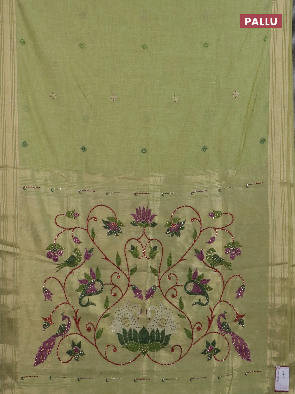 Jamdhani cotton saree pista green with thread woven buttas & embroidery work and embroidery jamdhani pallu - Image 3