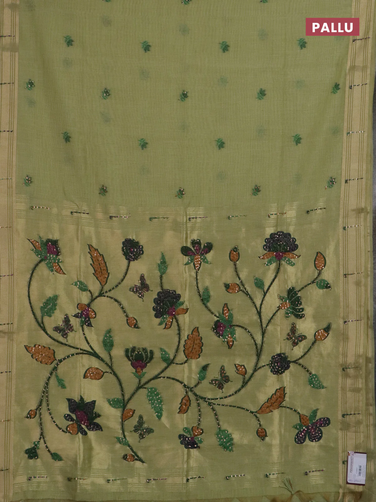 Jamdhani cotton saree pista green with thread woven buttas & embroidery work and embroidery jamdhani pallu - Image 3
