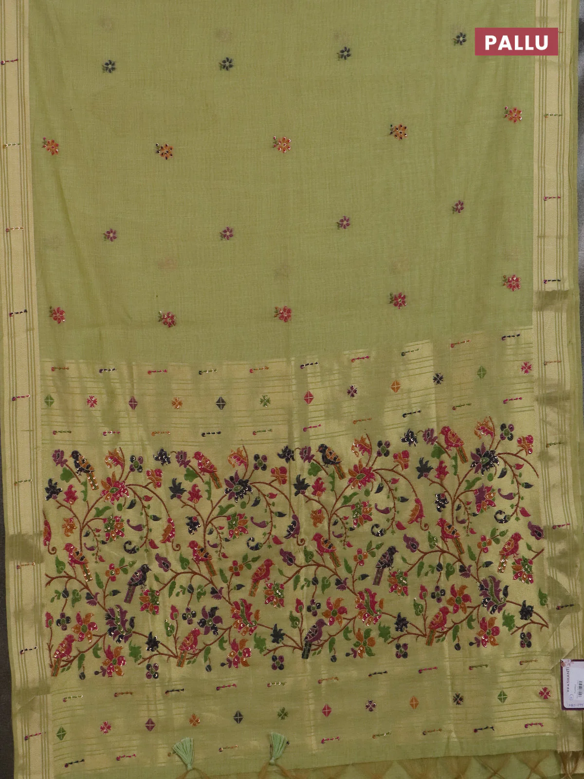 Jamdhani cotton saree pista green with thread woven buttas & embroidery work and embroidery jamdhani pallu - Image 3