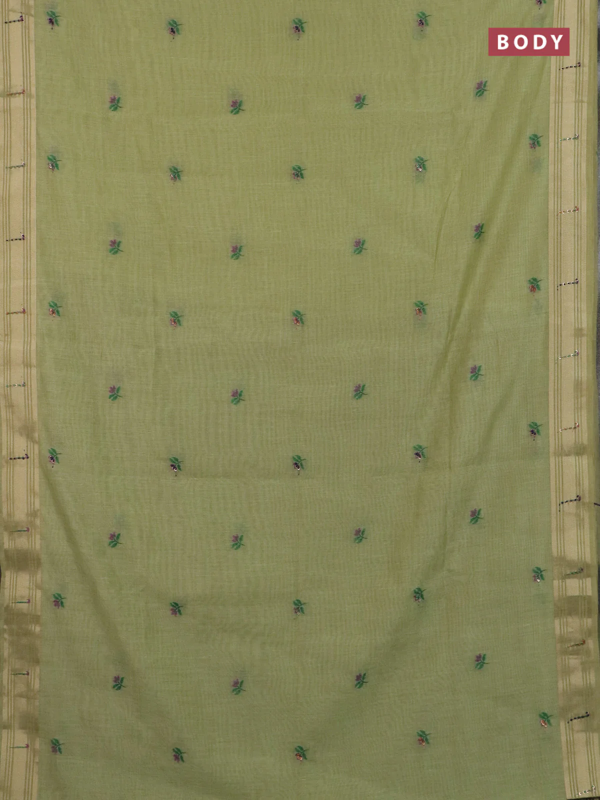 Jamdhani cotton saree pista green with thread woven buttas & embroidery work and embroidery jamdhani pallu - Image 2