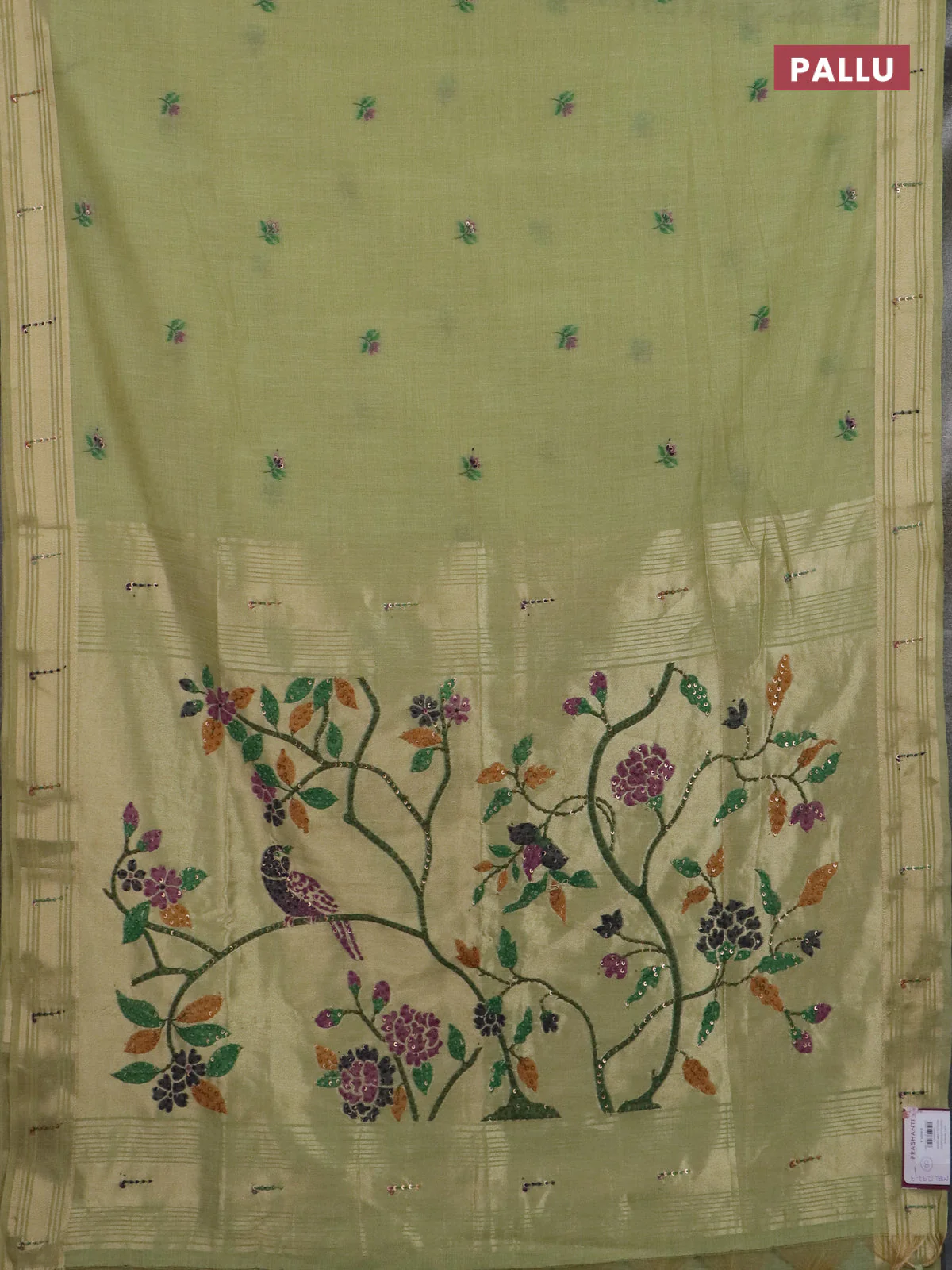 Jamdhani cotton saree pista green with thread woven buttas & embroidery work and embroidery jamdhani pallu - Image 3