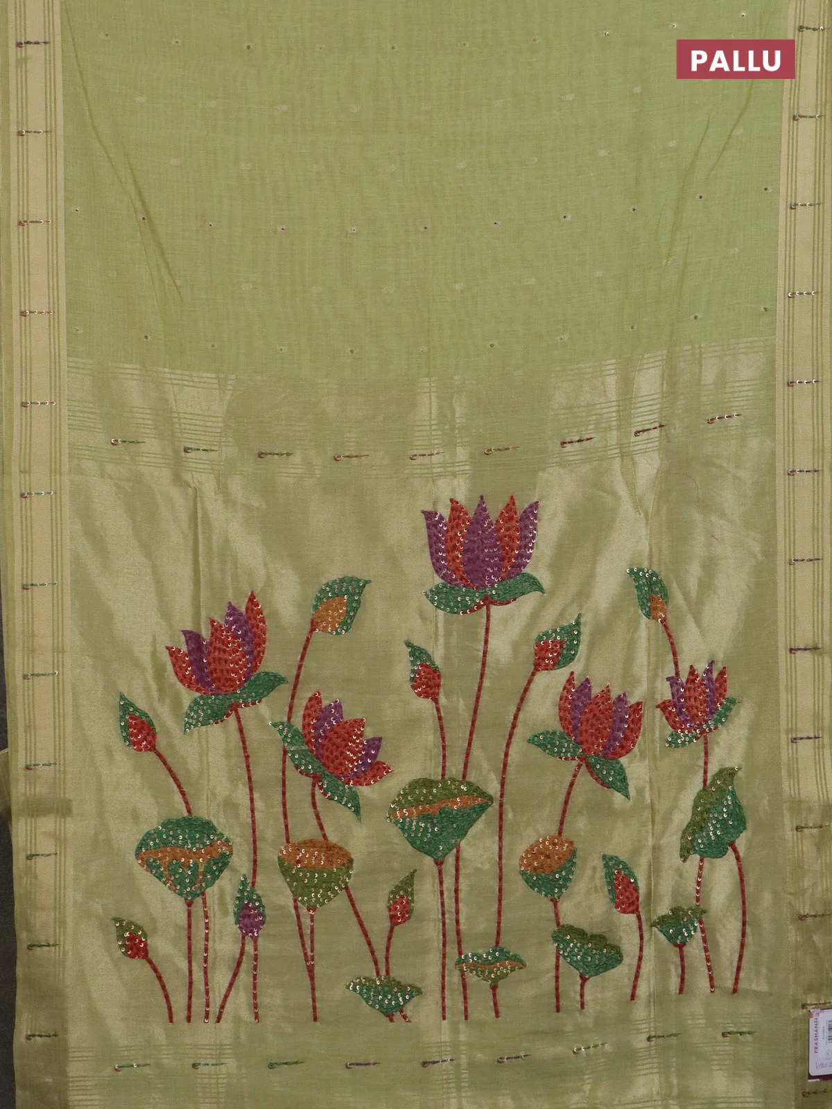 Jamdhani cotton saree pista green with thread woven buttas & embroidery work and embroidery jamdhani pallu - Image 3