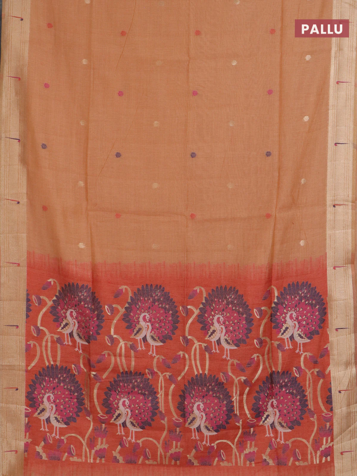 Jamdhani cotton saree rust shade and red with thread & zari woven buttas and jamdhani pallu - Image 3
