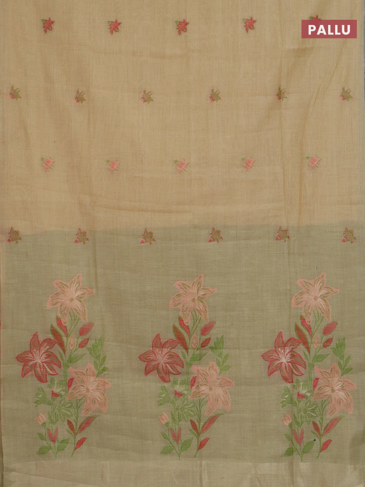 Jamdhani cotton saree sandal and light green with allover thread woven buttas and jamdhani pallu - Image 3
