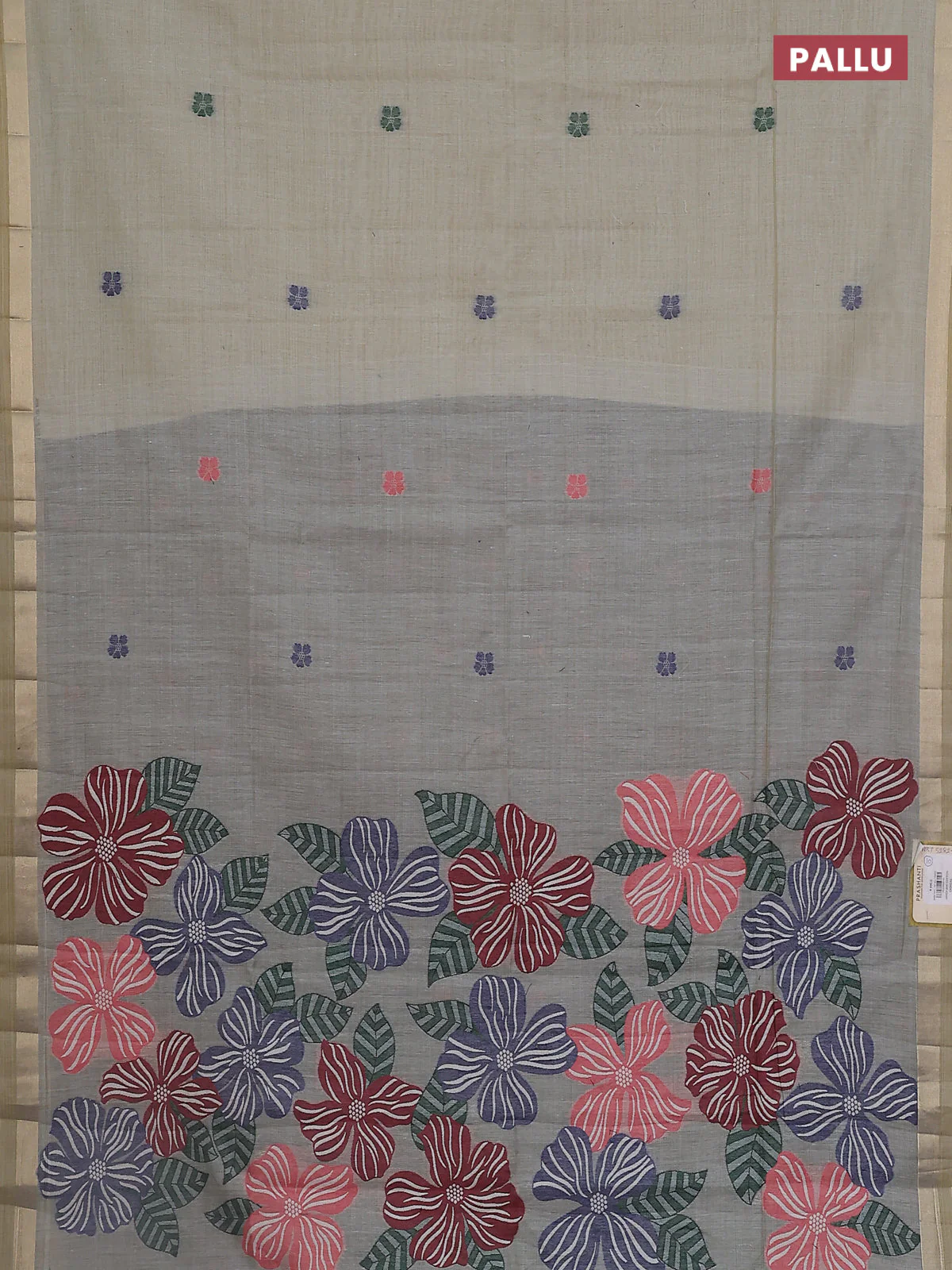 Jamdhani cotton saree sandal and navy blue with thread woven buttas and thread weaving pallu - Image 3