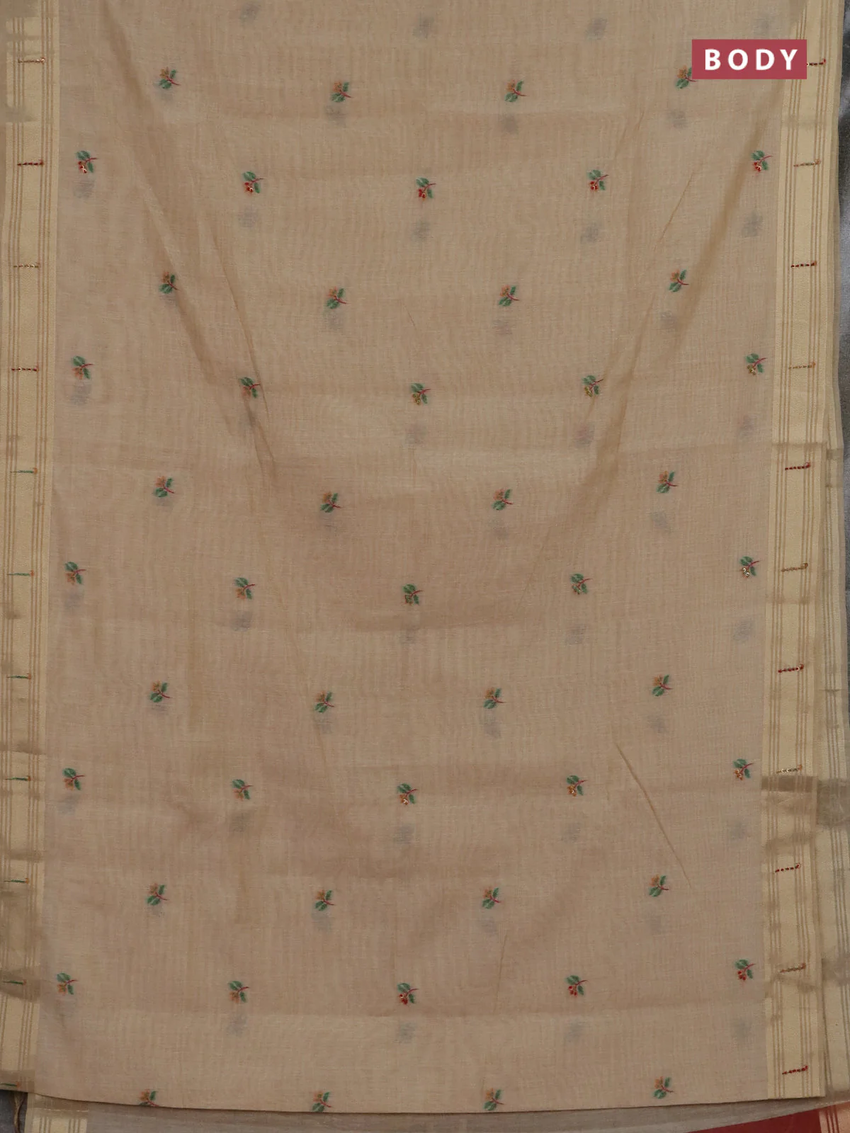 Jamdhani cotton saree sandal and orange with thread woven buttas & embroidery work and embroidery jamdhani pallu - Image 2