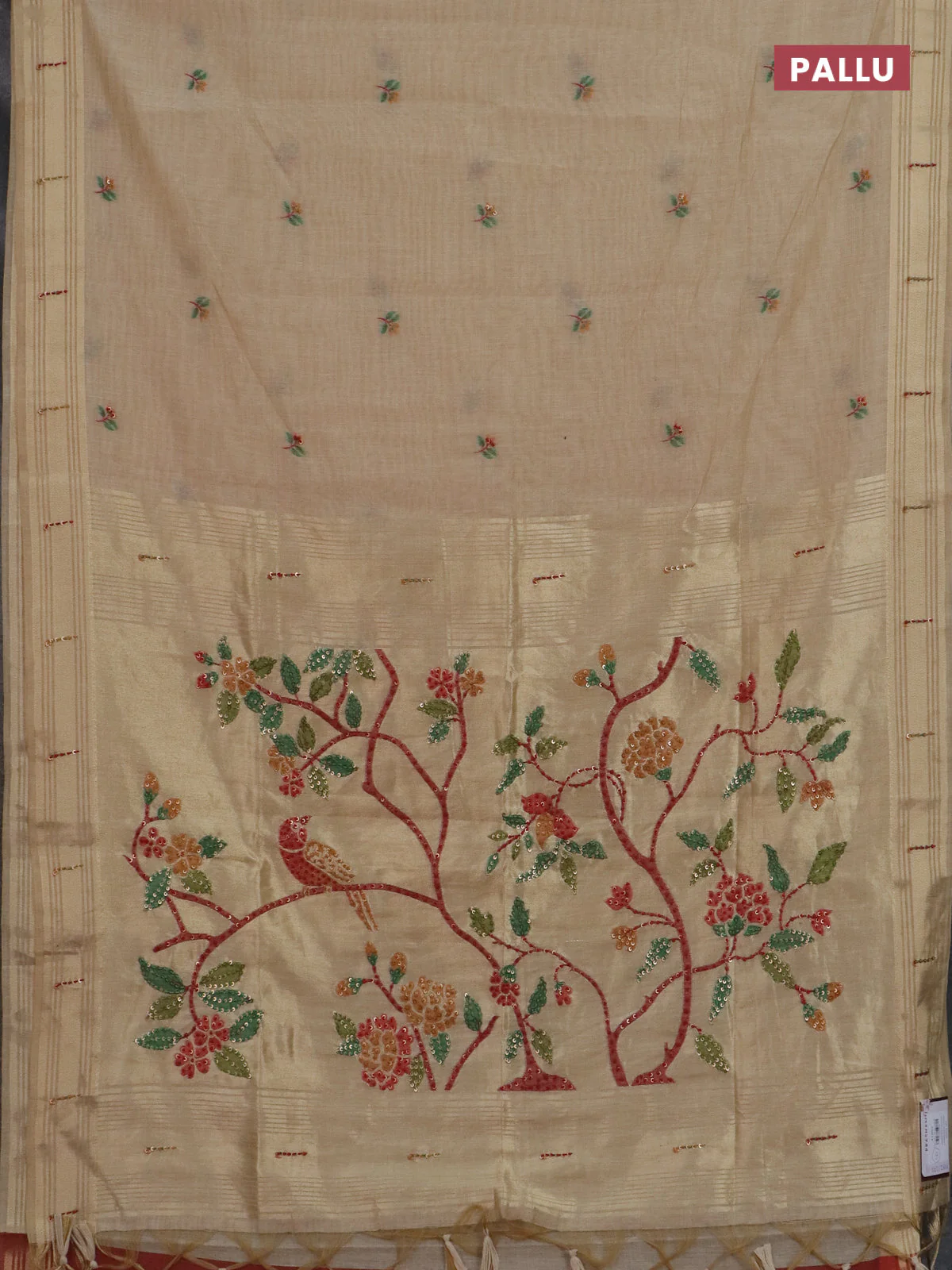 Jamdhani cotton saree sandal and orange with thread woven buttas & embroidery work and embroidery jamdhani pallu - Image 3