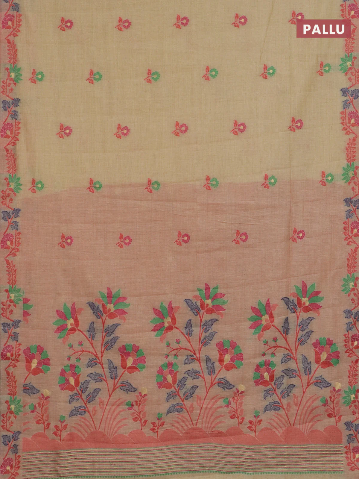 Jamdhani cotton saree sandal and red with allover thread woven buttas and jamdhani pallu - Image 3