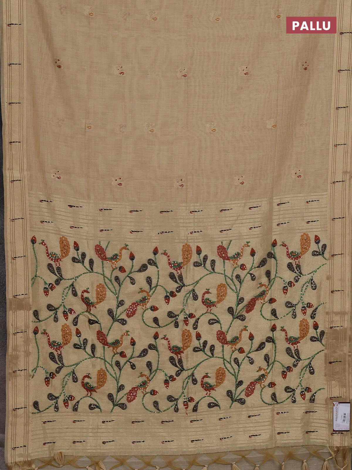 Jamdhani cotton saree sandal with thread woven buttas & embroidery work and embroidery jamdhani pallu - Image 3