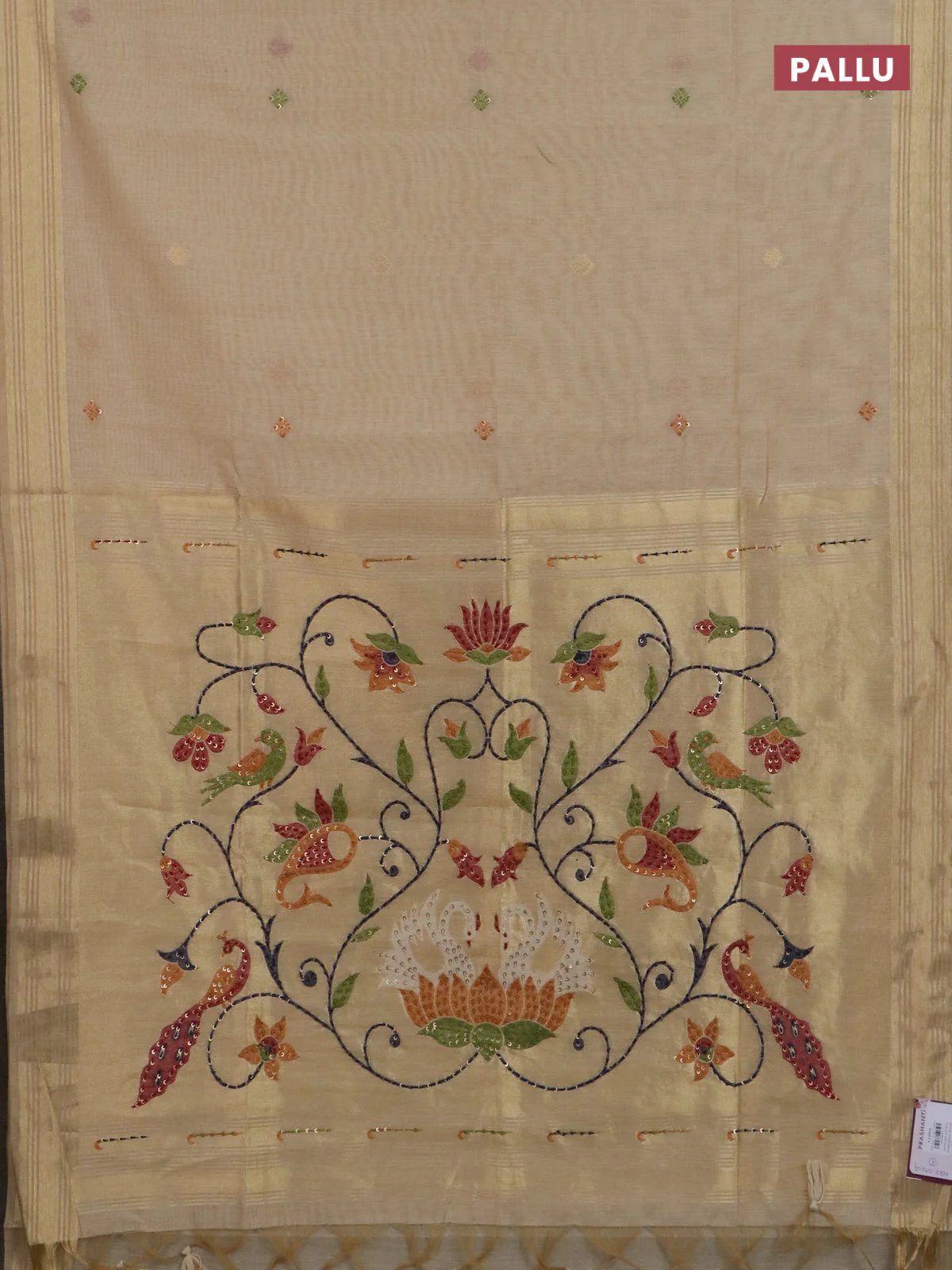Jamdhani cotton saree sandal with thread woven buttas & embroidery work and embroidery jamdhani pallu - Image 3