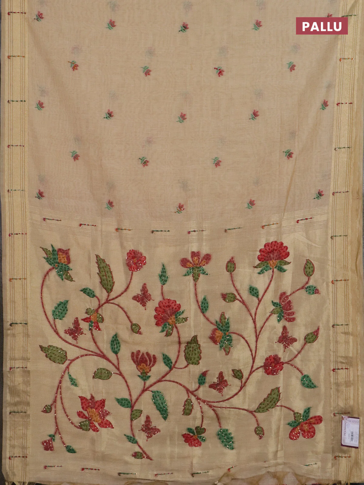Jamdhani cotton saree sandal with thread woven buttas & embroidery work and embroidery jamdhani pallu - Image 3