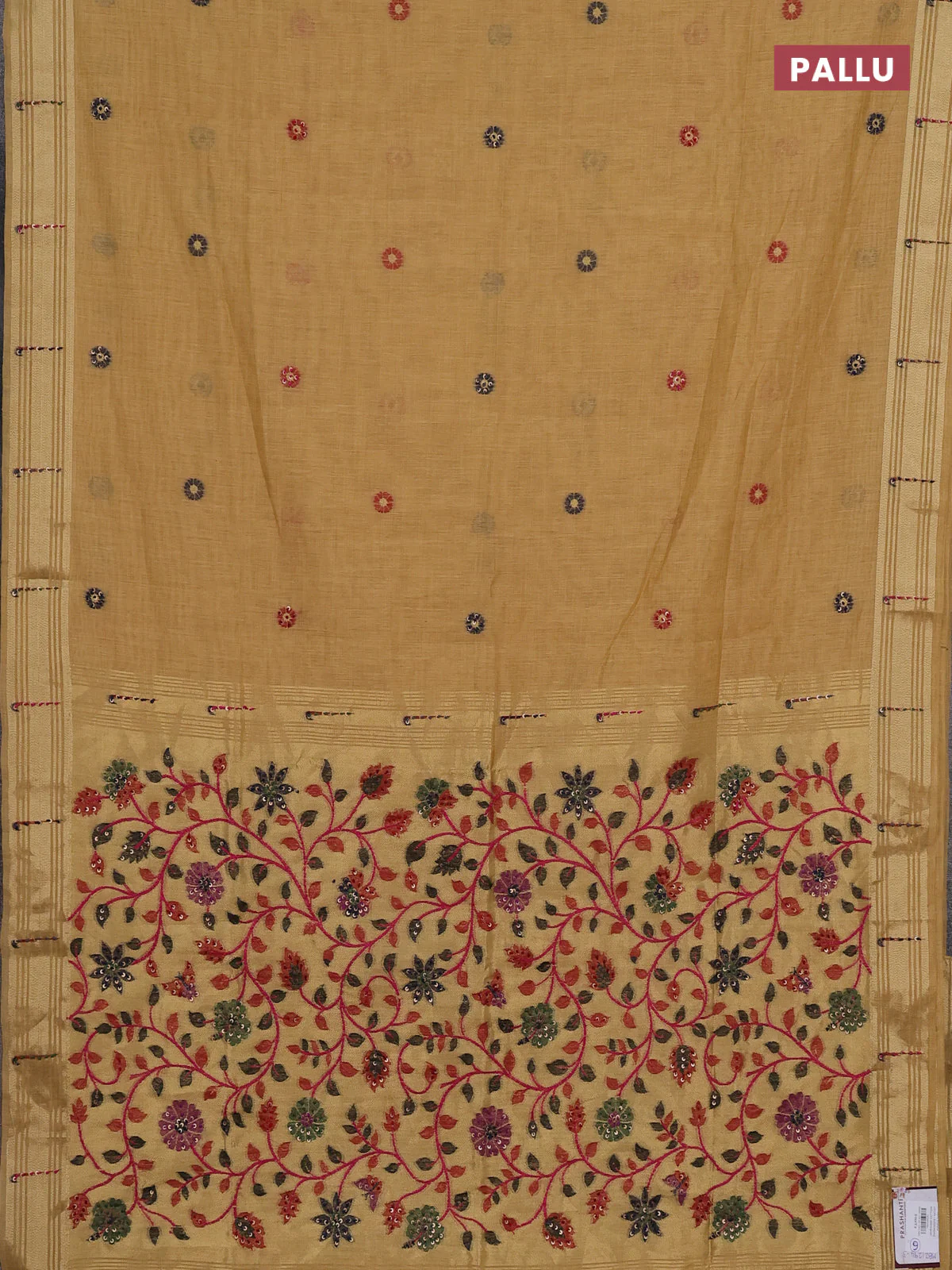 Jamdhani cotton saree sandal with thread woven buttas & embroidery work and embroidery jamdhani pallu - Image 3