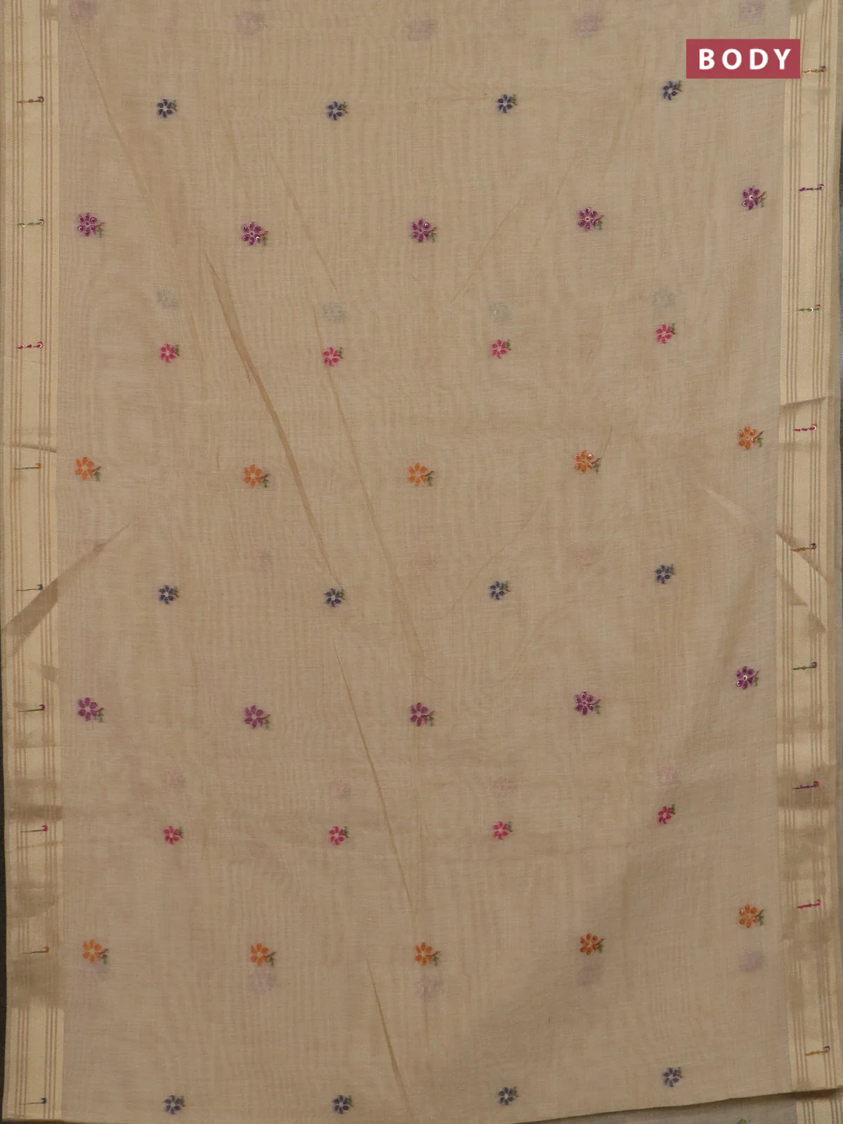 Jamdhani cotton saree sandal with thread woven buttas & embroidery work and embroidery jamdhani pallu - Image 2