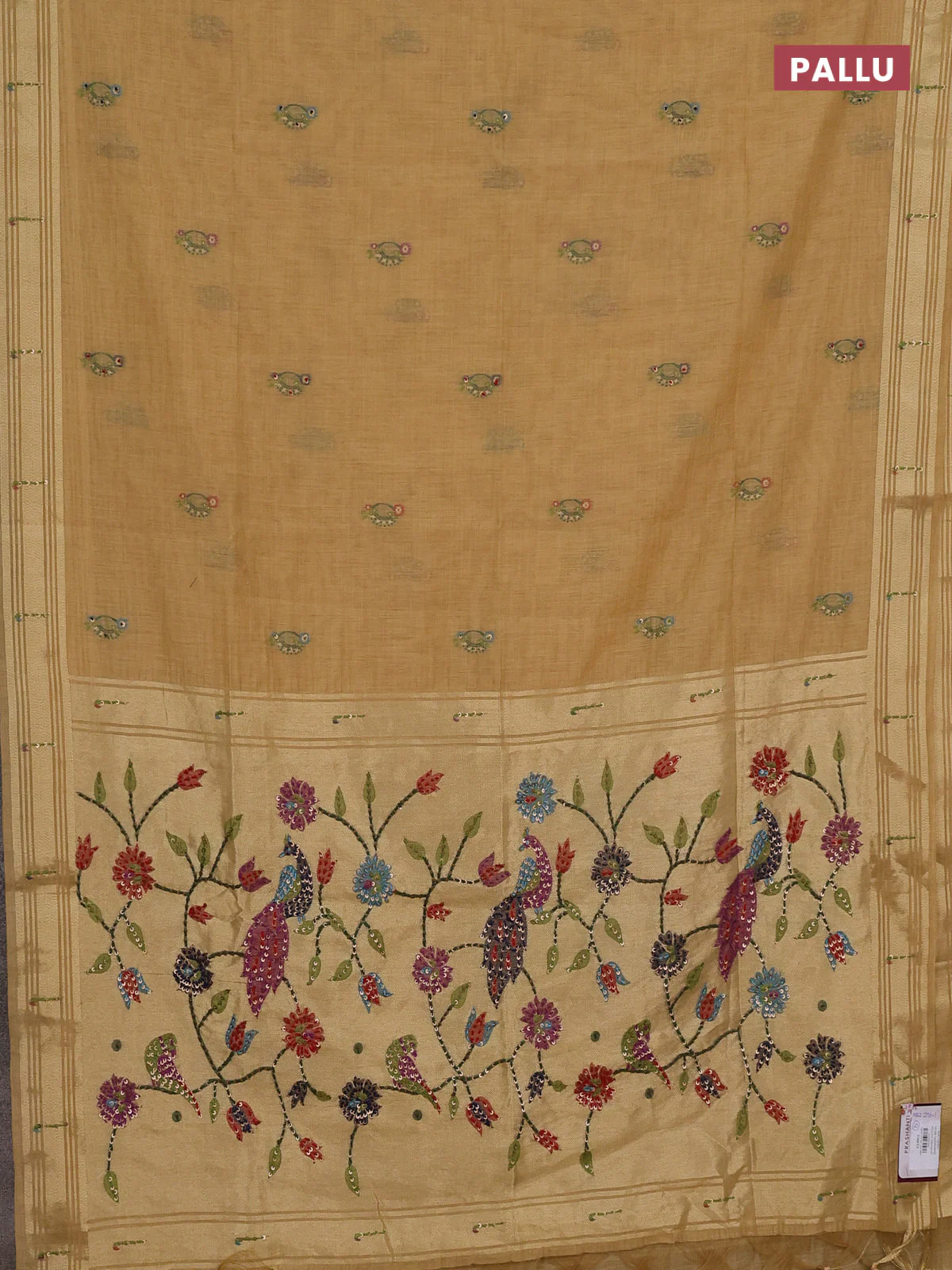 Jamdhani cotton saree sandal with thread woven buttas & embroidery work and embroidery jamdhani pallu - Image 3