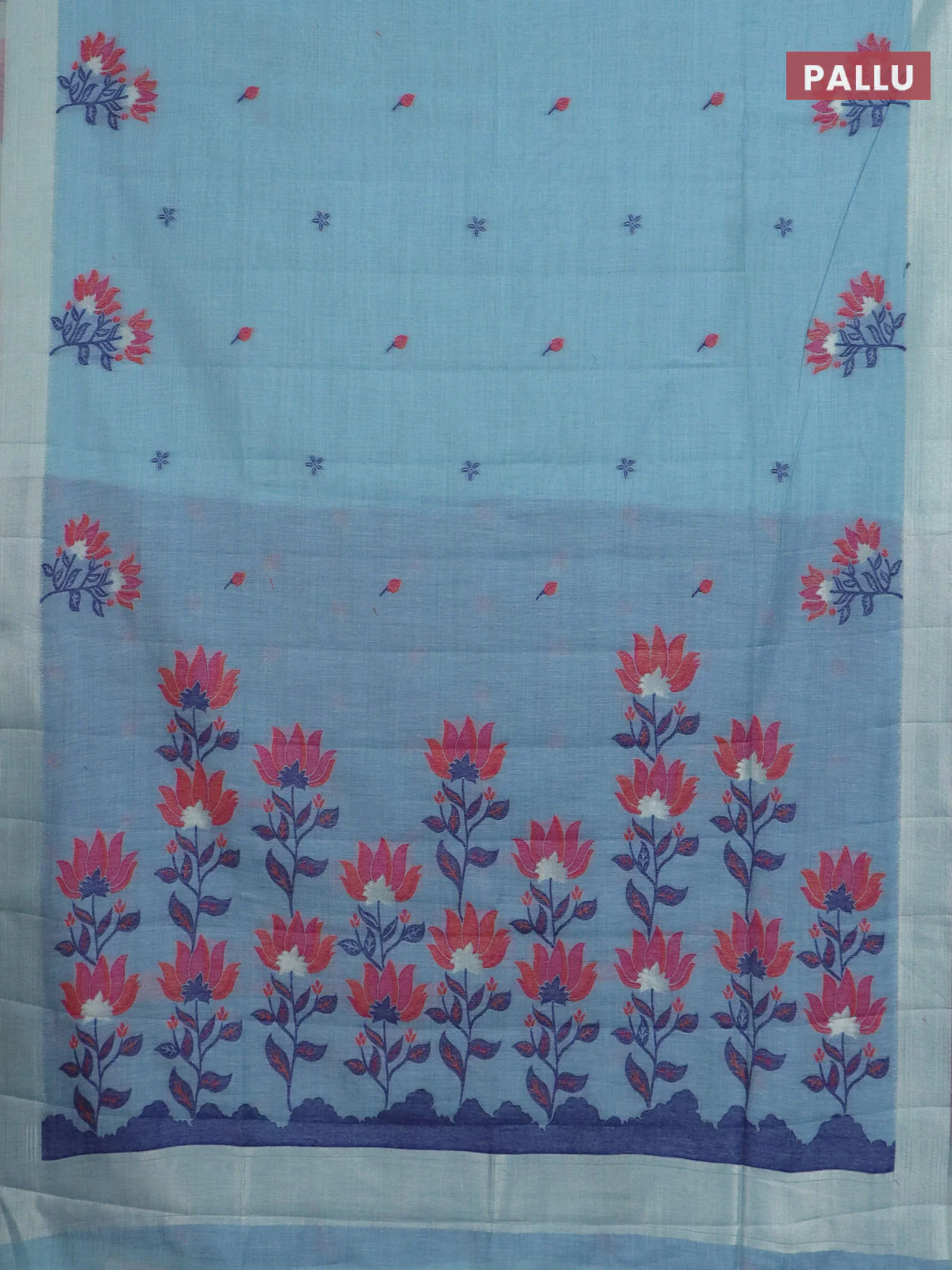 Jamdhani cotton saree teal blue and navy blue with allover thread woven buttas and jamdhani pallu - Image 3