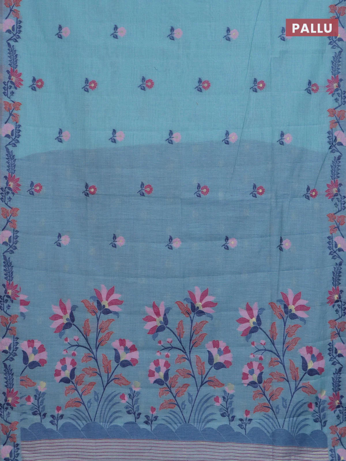Jamdhani cotton saree teal blue and navy blue with allover thread woven buttas and jamdhani pallu - Image 3