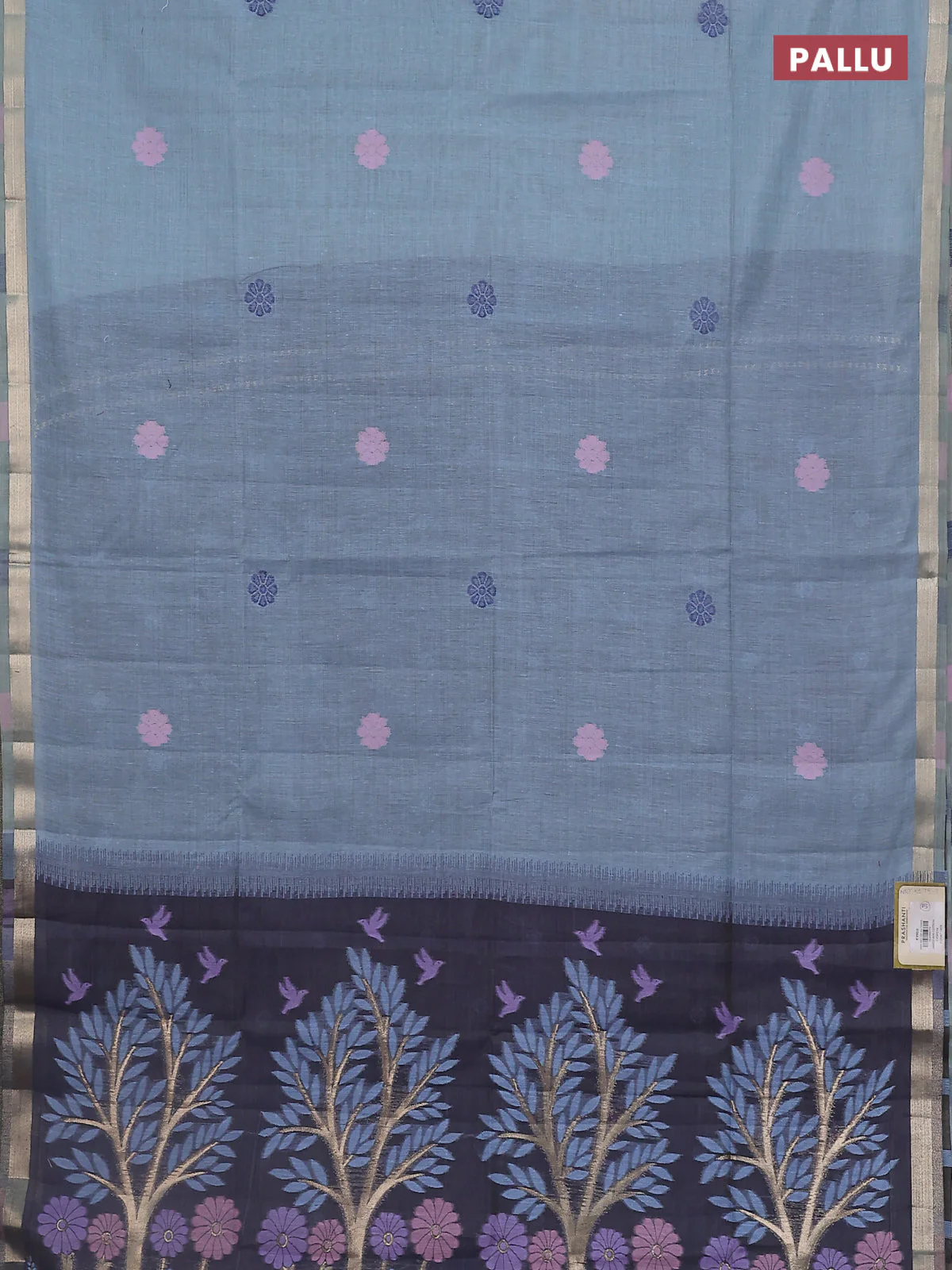 Jamdhani cotton saree teal blue and navy blue with floral thread woven buttas and thread & zari weaving pallu - Image 3