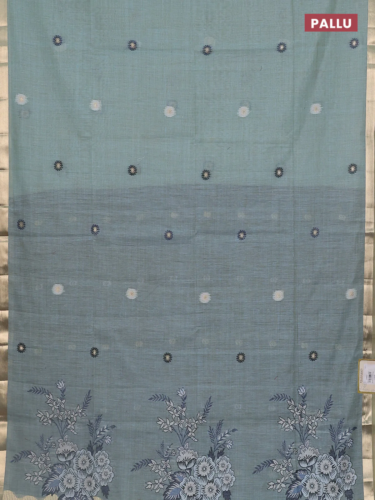 Jamdhani cotton saree teal blue and navy blue with thread woven buttas and thread weaving pallu - Image 3