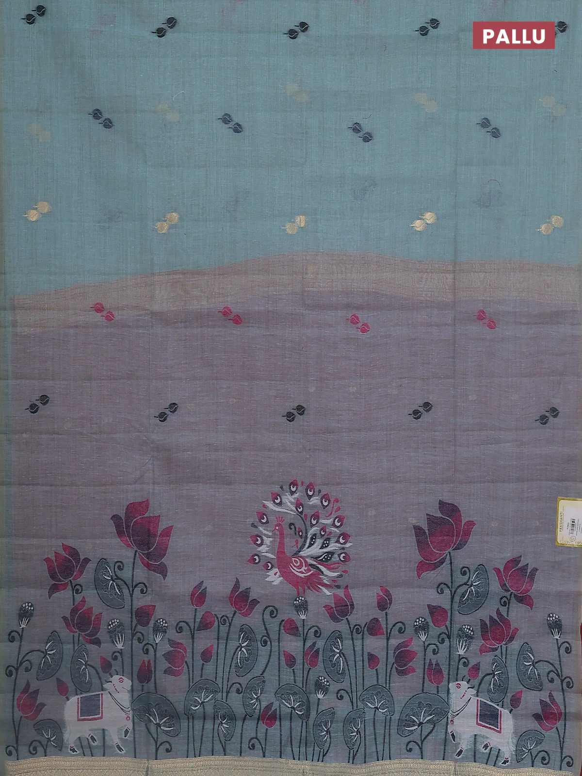 Jamdhani cotton saree teal blue and pink with thread woven buttas and pichwai pallu - Image 3