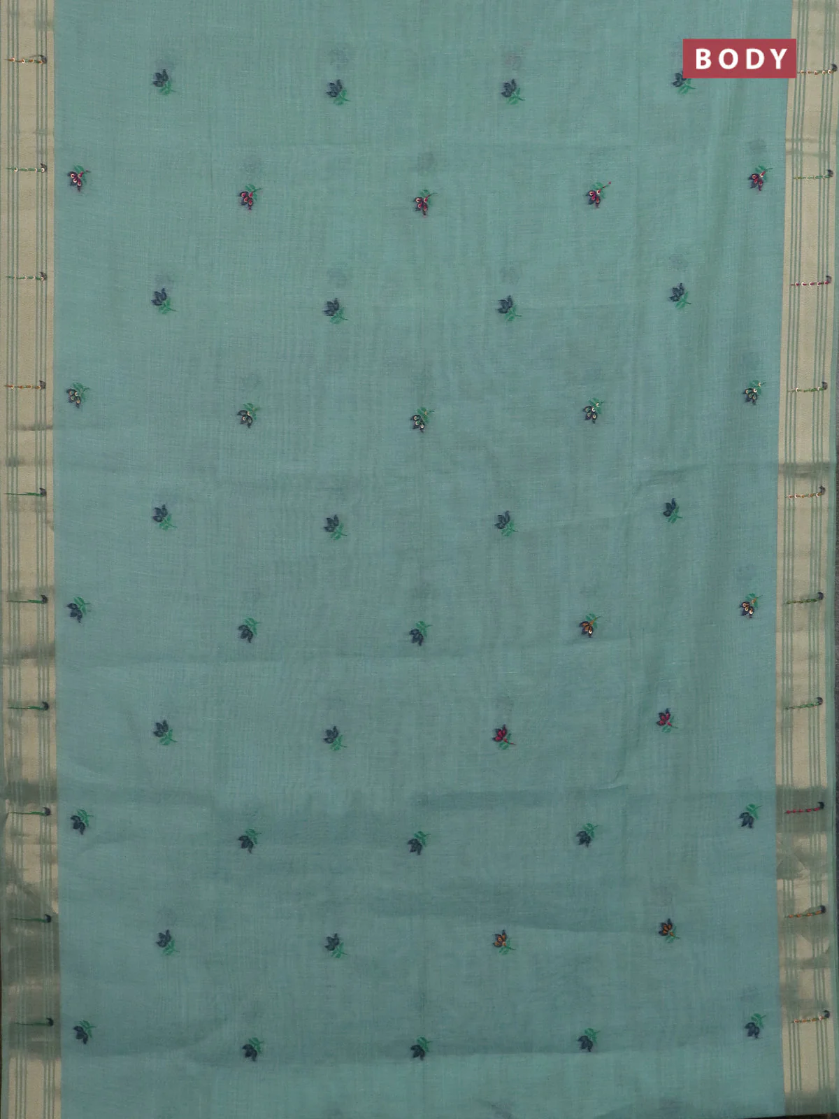 Jamdhani cotton saree teal blue shade with thread woven buttas & embroidery work and embroidery jamdhani pallu - Image 2