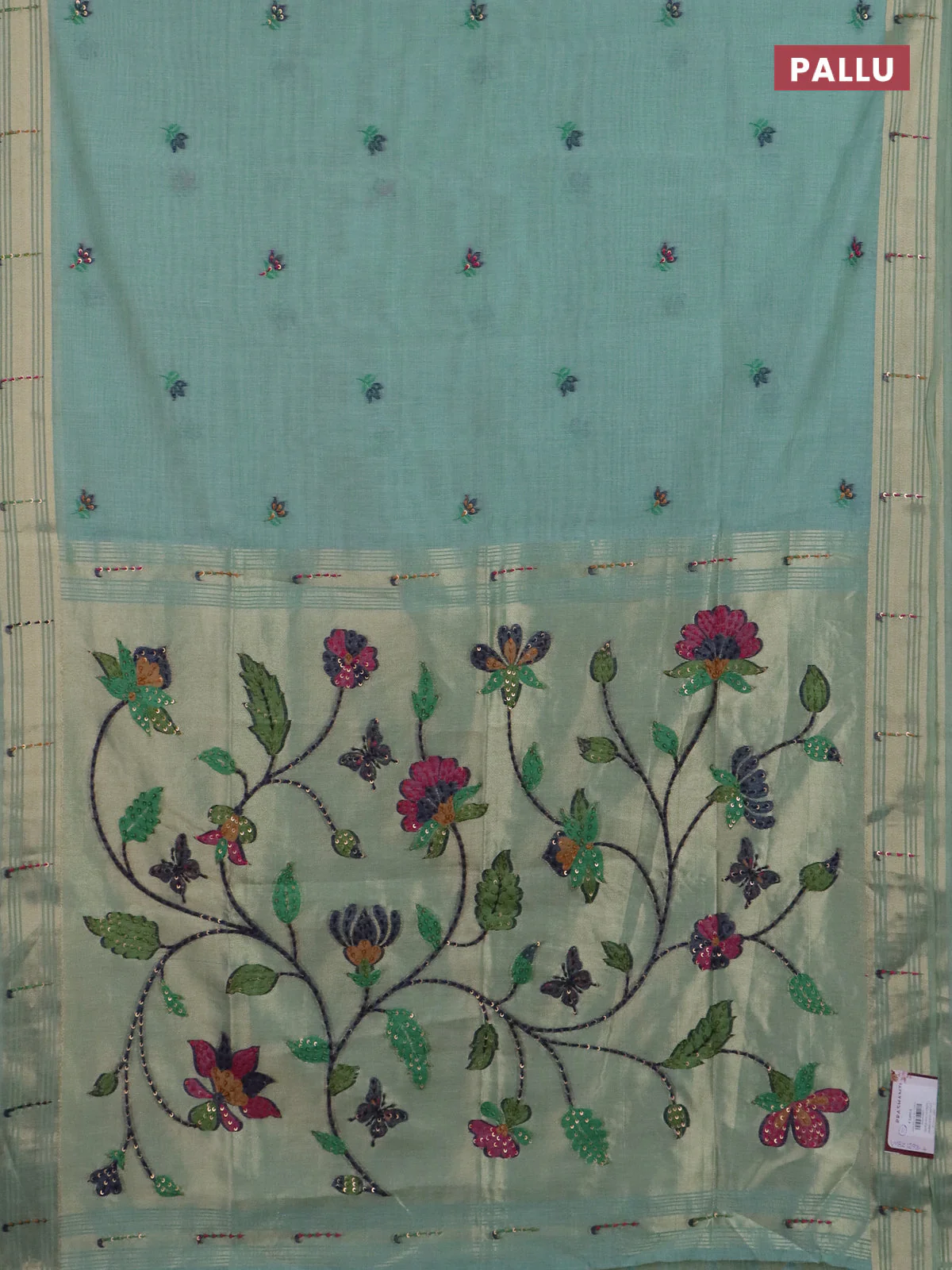 Jamdhani cotton saree teal blue shade with thread woven buttas & embroidery work and embroidery jamdhani pallu - Image 3