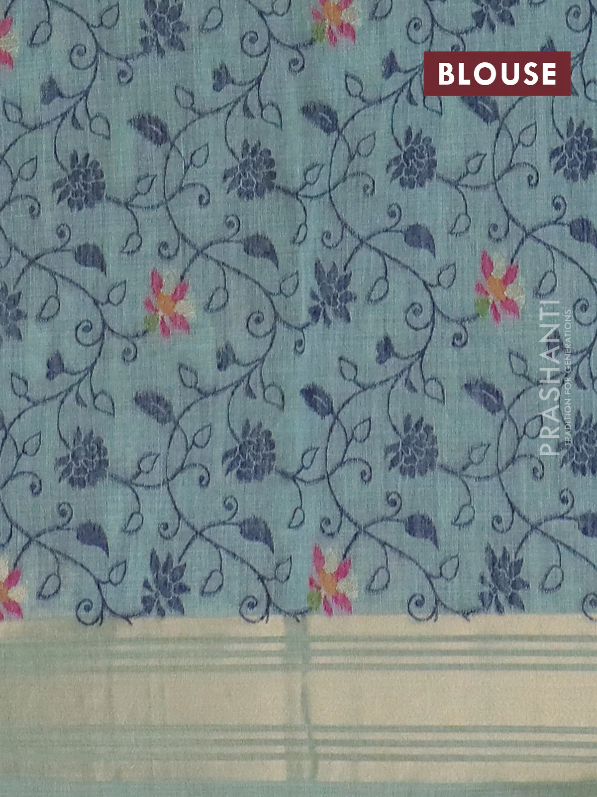 Jamdhani cotton saree teal blue shade with thread woven buttas & embroidery work and embroidery jamdhani pallu - Image 4