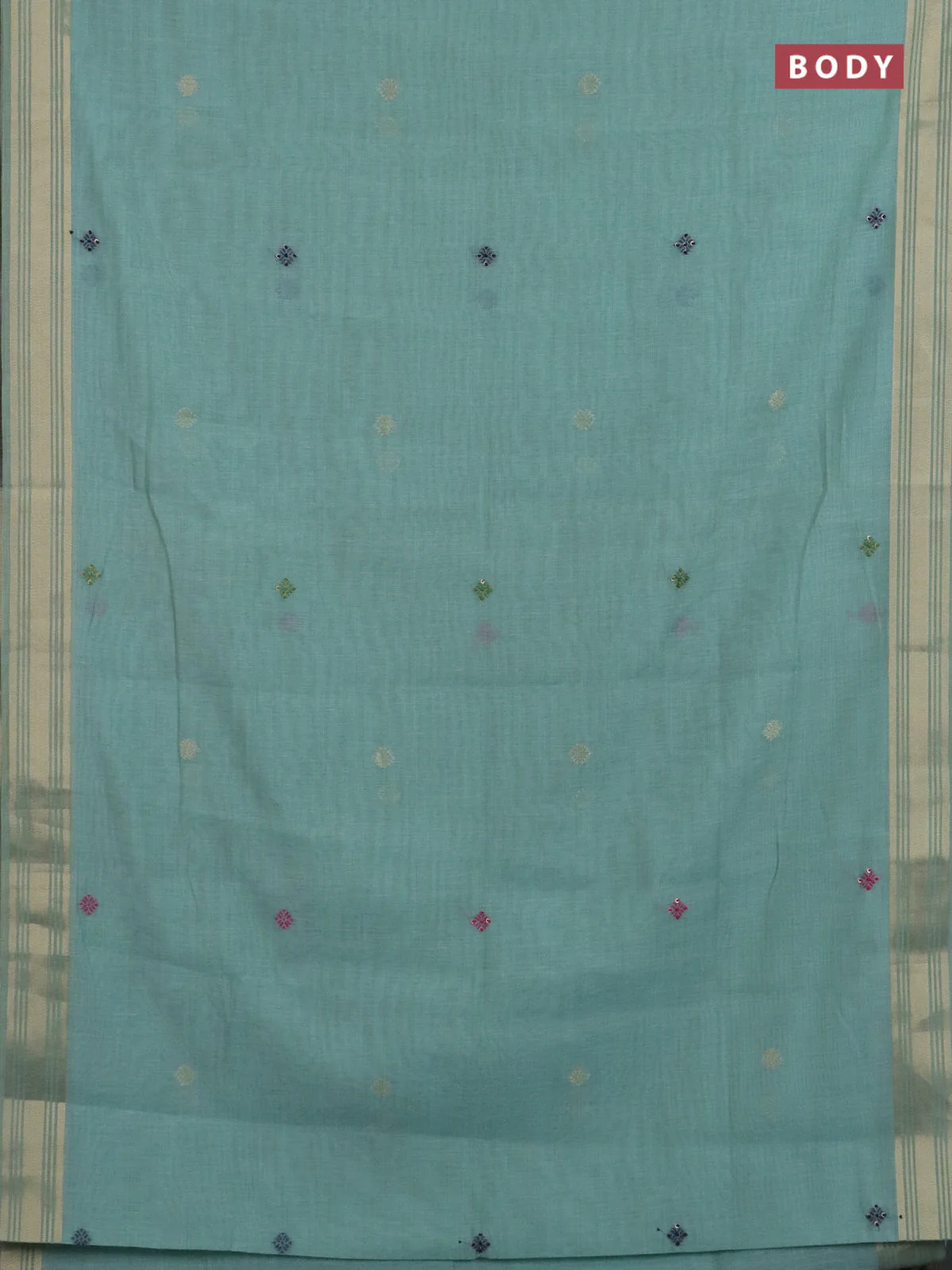 Jamdhani cotton saree teal blue with thread woven buttas & embroidery work and embroidery jamdhani pallu - Image 2