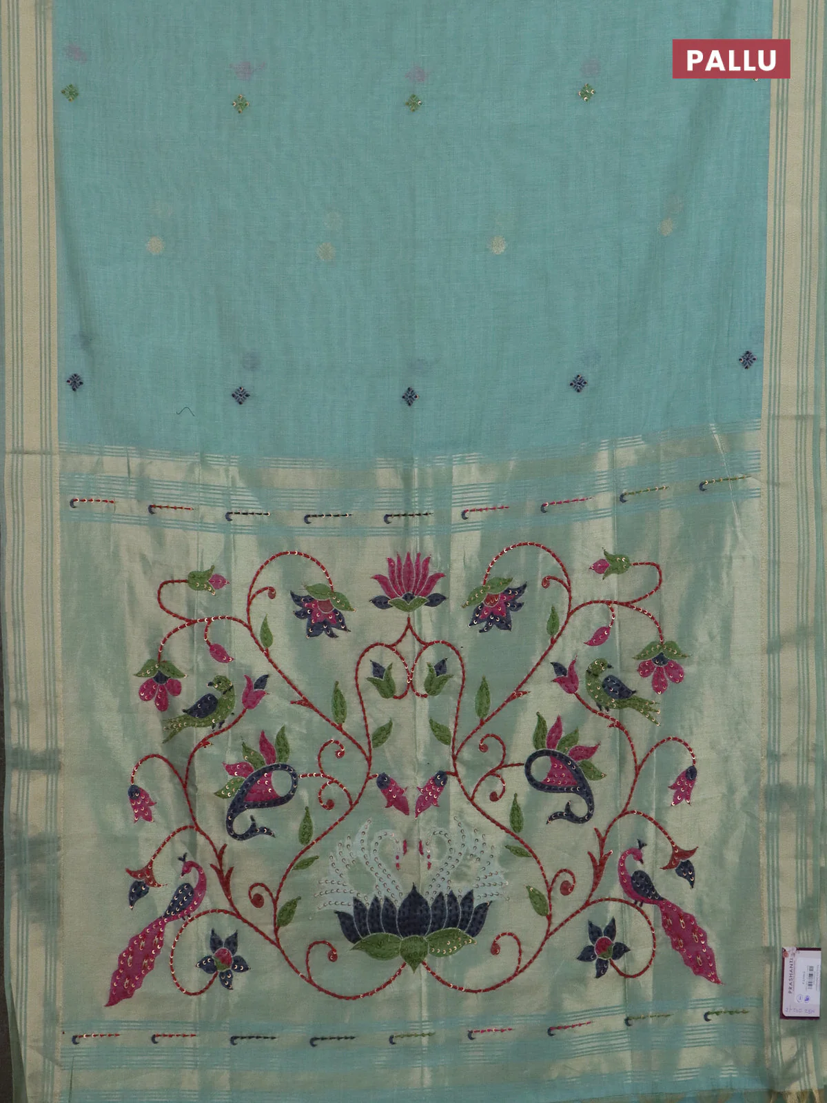 Jamdhani cotton saree teal blue with thread woven buttas & embroidery work and embroidery jamdhani pallu - Image 3