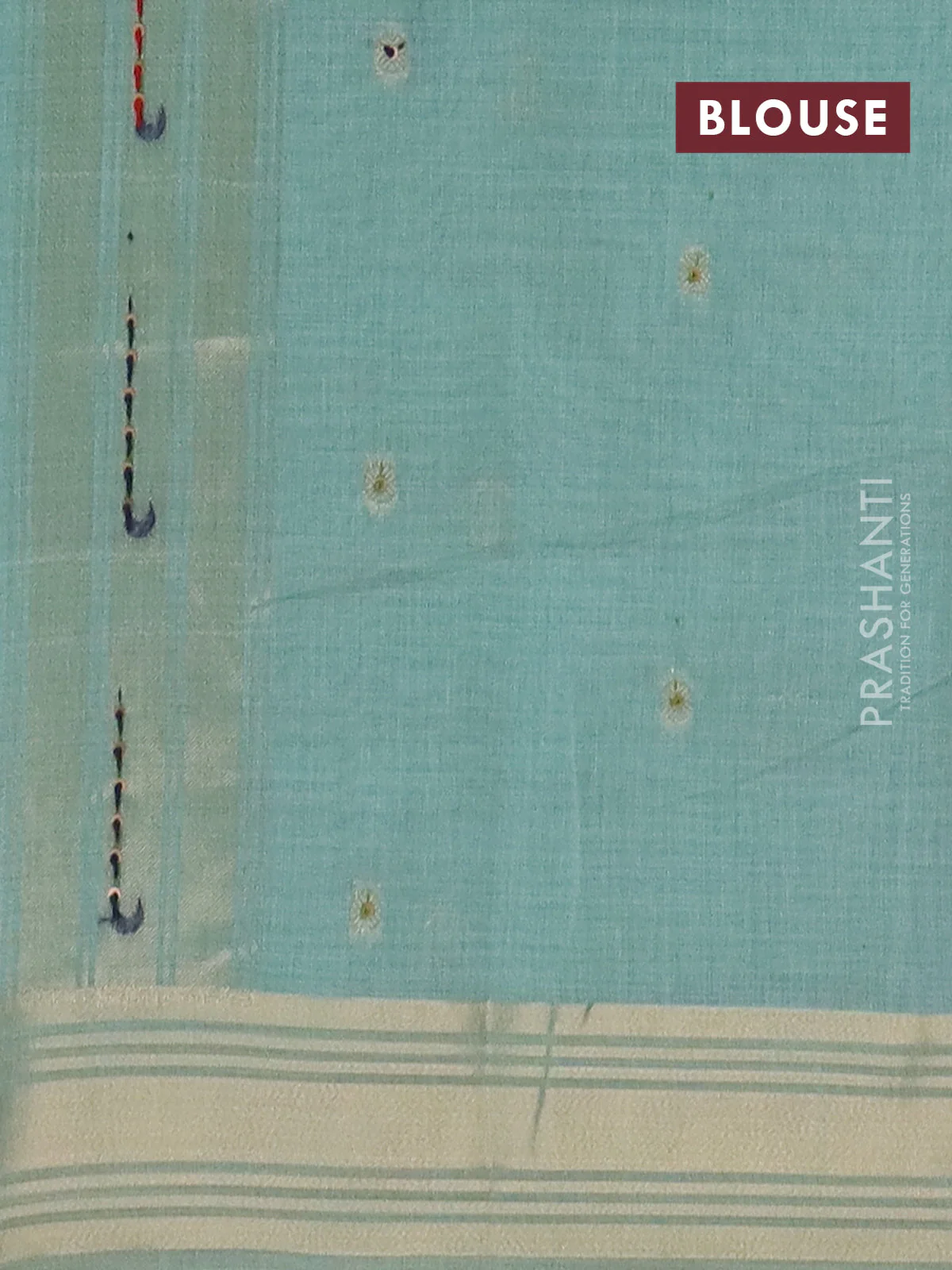 Jamdhani cotton saree teal blue with thread woven buttas & embroidery work and embroidery jamdhani pallu - Image 4