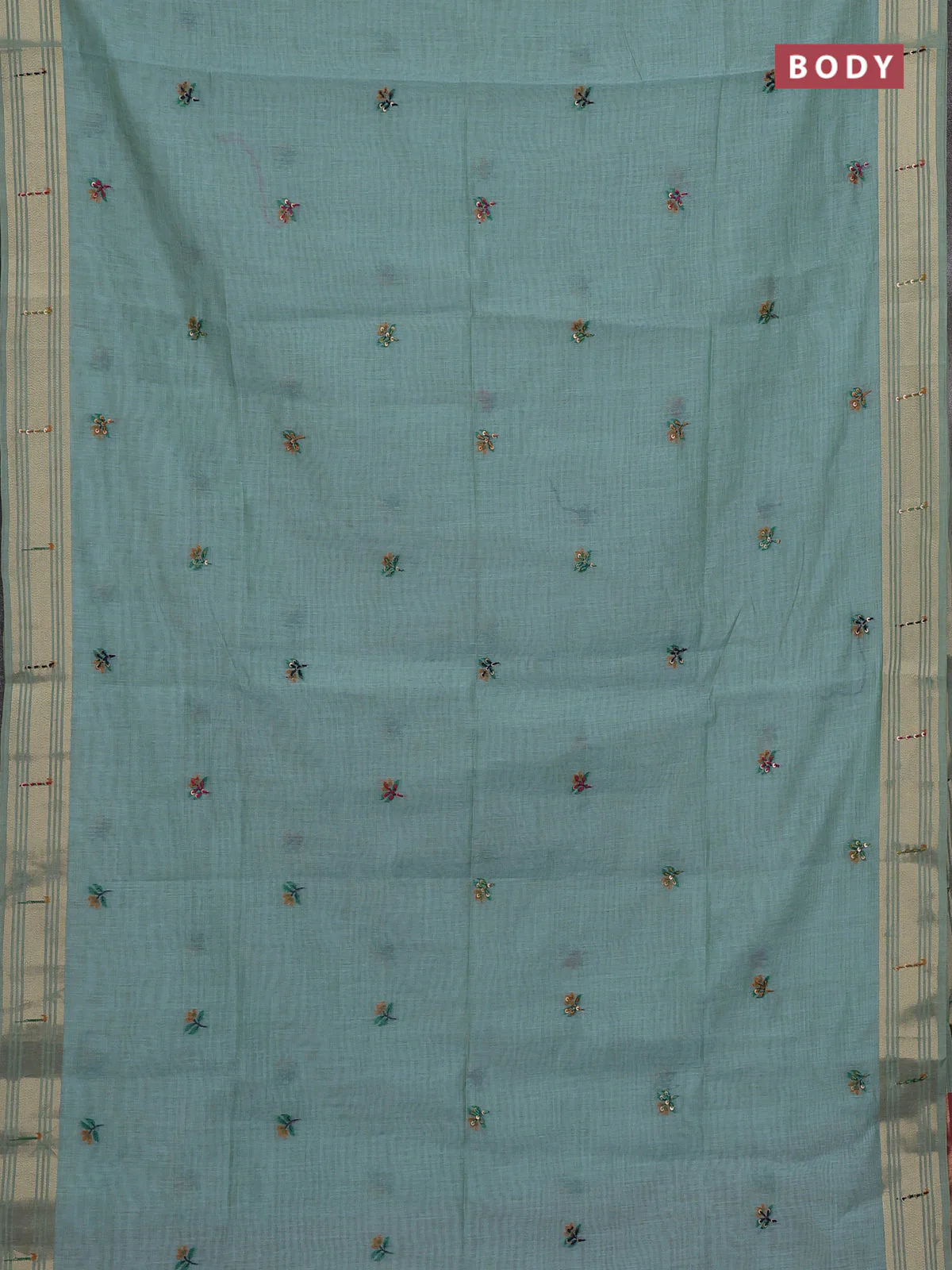 Jamdhani cotton saree teal blue with thread woven buttas & embroidery work and embroidery jamdhani pallu - Image 2