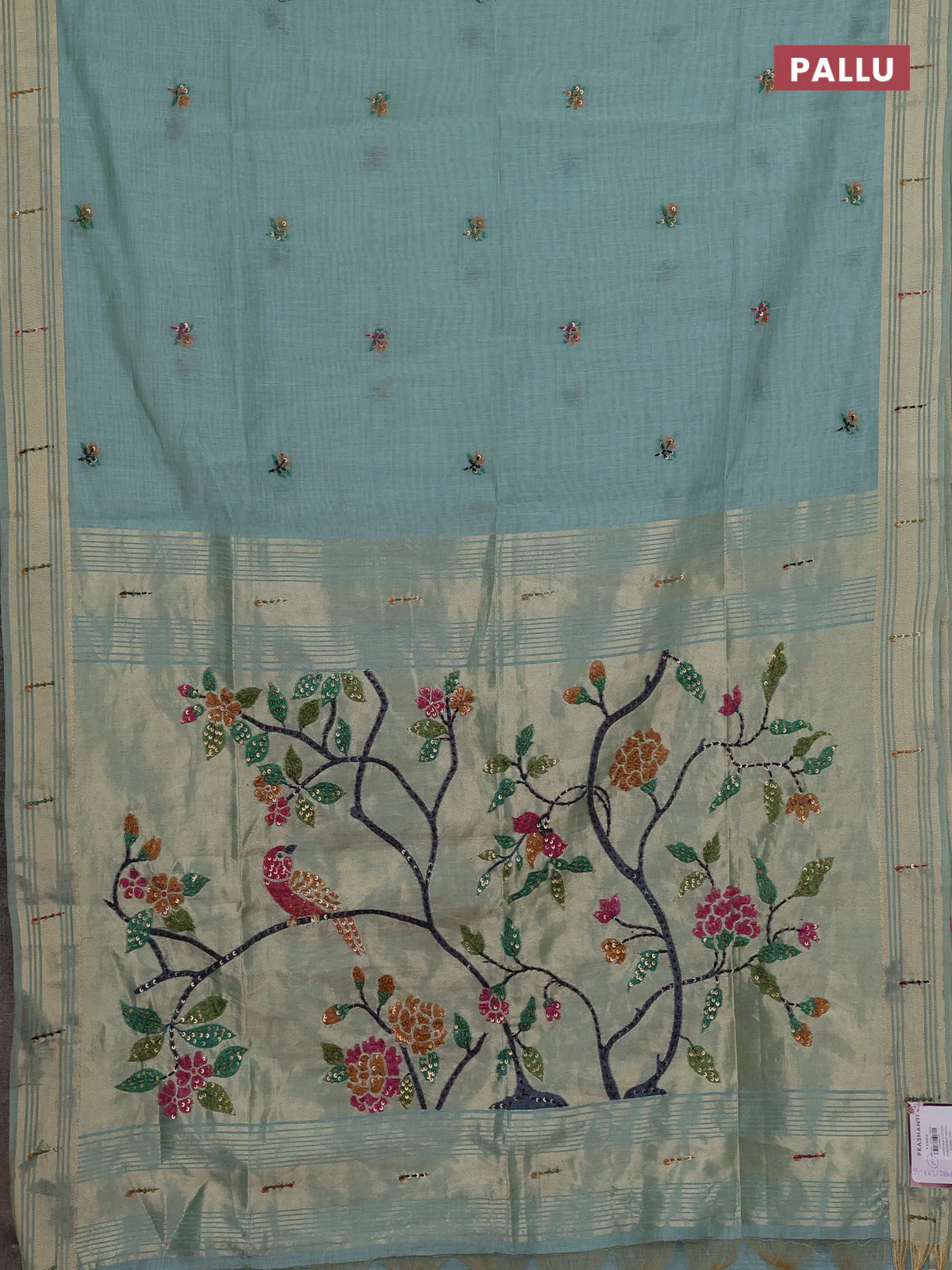 Jamdhani cotton saree teal blue with thread woven buttas & embroidery work and embroidery jamdhani pallu - Image 3