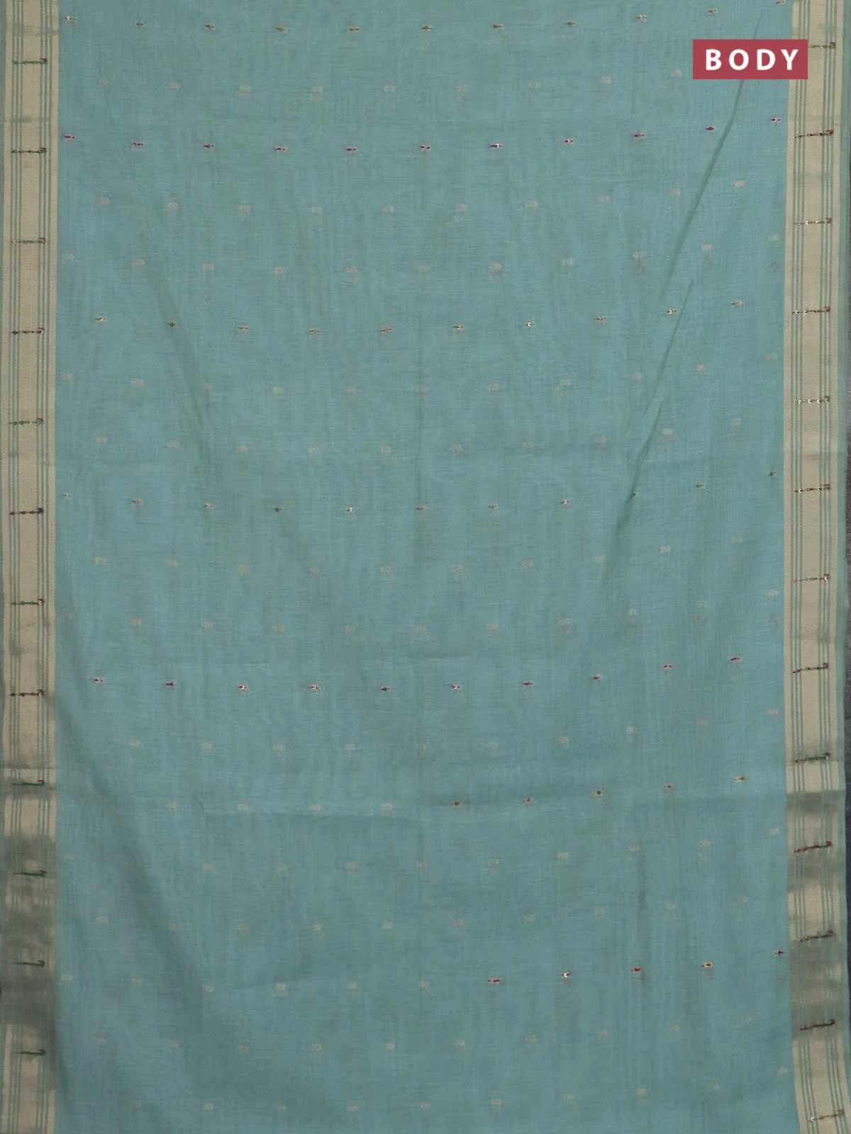 Jamdhani cotton saree teal blue with thread woven buttas & embroidery work and embroidery jamdhani pallu - Image 2