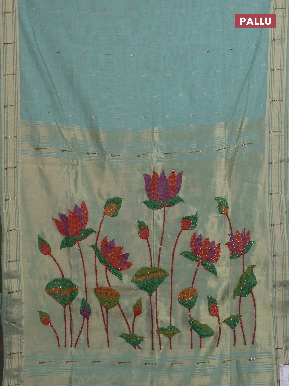 Jamdhani cotton saree teal blue with thread woven buttas & embroidery work and embroidery jamdhani pallu - Image 3