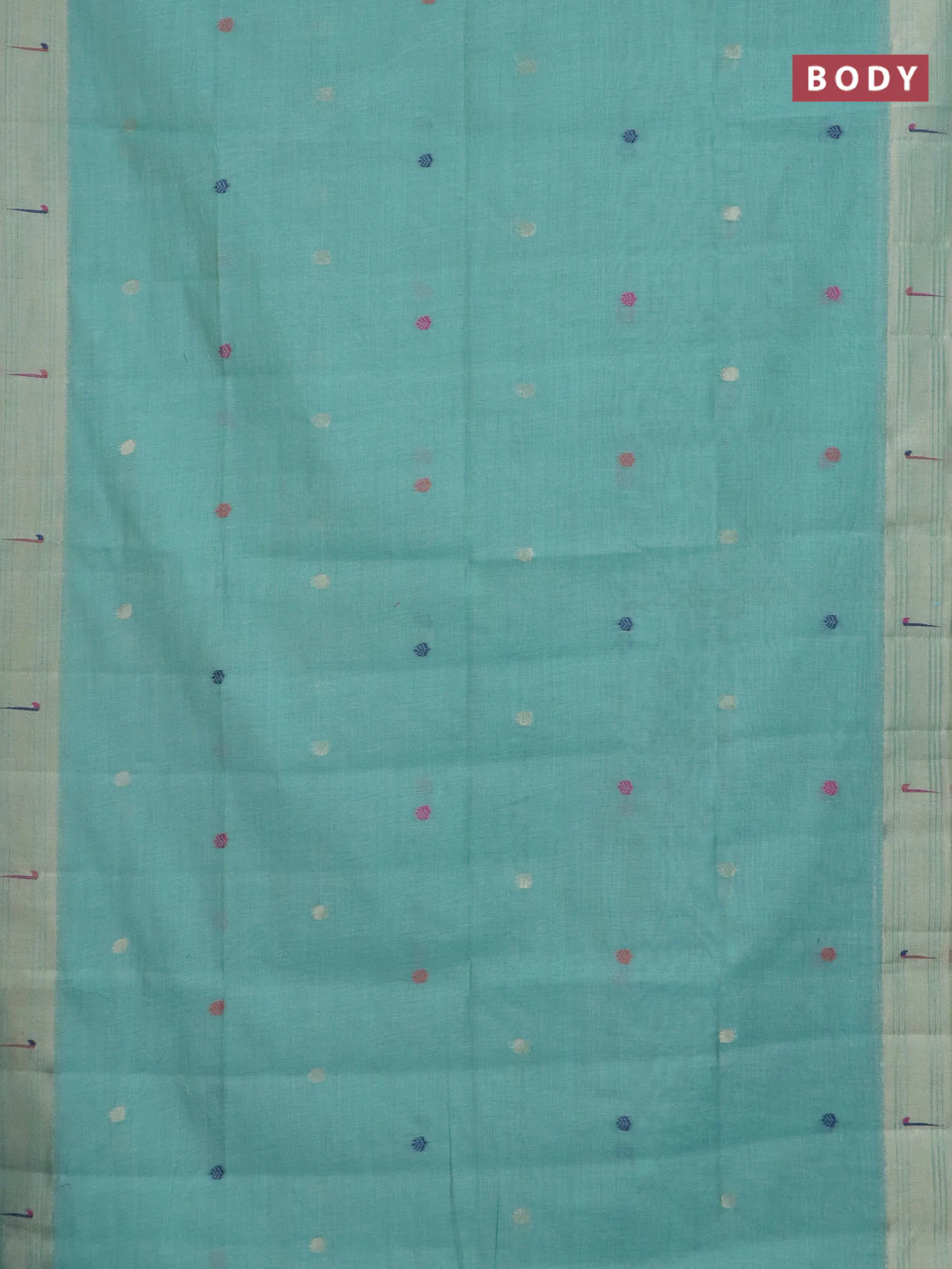 Jamdhani cotton saree teal green and maroon with thread & zari woven buttas and jamdhani pallu - Image 2