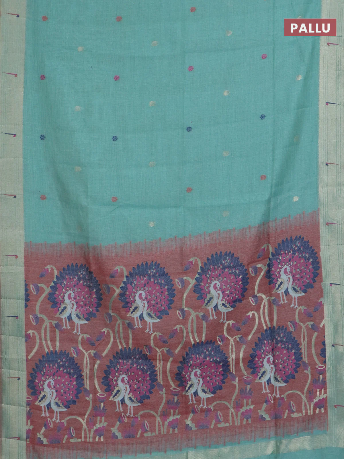 Jamdhani cotton saree teal green and maroon with thread & zari woven buttas and jamdhani pallu - Image 3