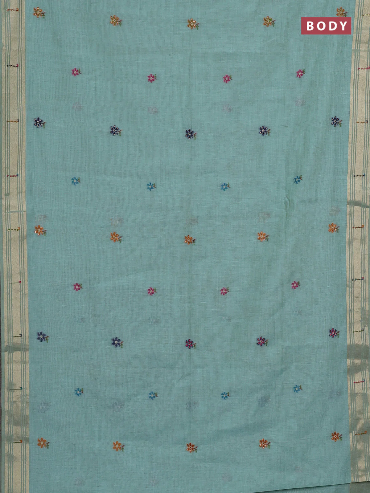 Jamdhani cotton saree teal green shade with thread woven buttas & embroidery work and embroidery jamdhani pallu - Image 2