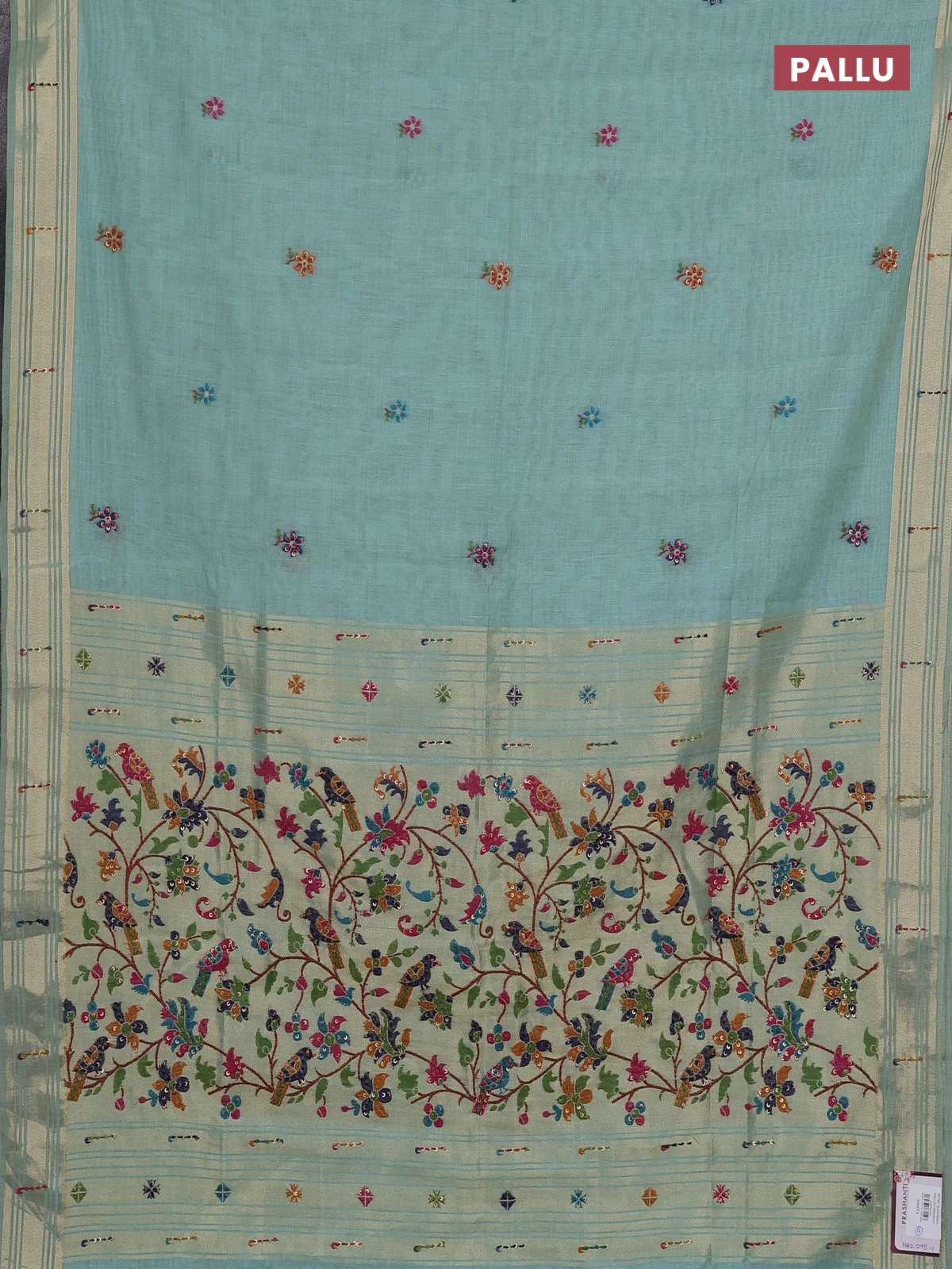 Jamdhani cotton saree teal green shade with thread woven buttas & embroidery work and embroidery jamdhani pallu - Image 3